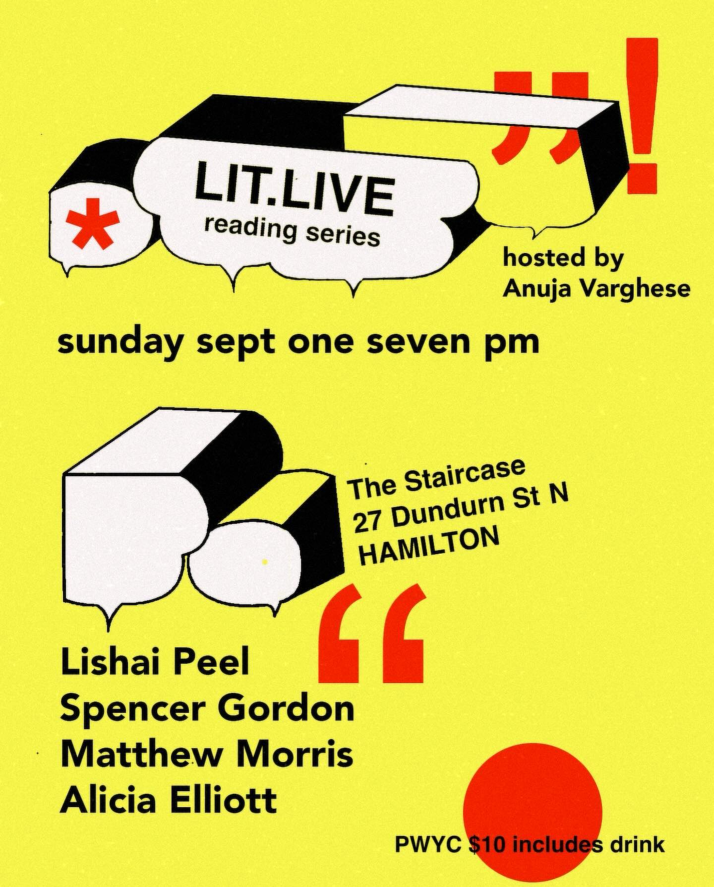 MARK YOUR CALENDARS!! We’re kicking off the 2024-25 season of Lit live with a powerhouse lineup of #canlit talent including @ellialic @spencer____gordon @matthewrmorris and @cityofhamilton Poet in Place @lishaip 🤩🤩🤩 Sunday, Sept. 1 at 7pm at @thestaircase - don’t miss it!! 🎤📖🎤 #hamont #readingseries #fiction #poetry #nonfiction #writingcommunity #artscommunity