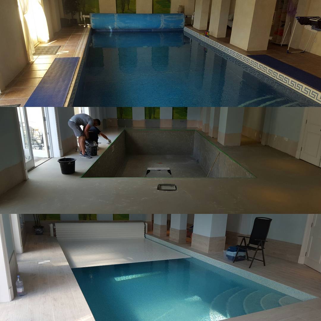 Refurbished pool. Old tiles removed,full tanking system and retiled with automatic cover. #SWIMMINGPOOL #POOL #POOLREFURB #kerakoll
