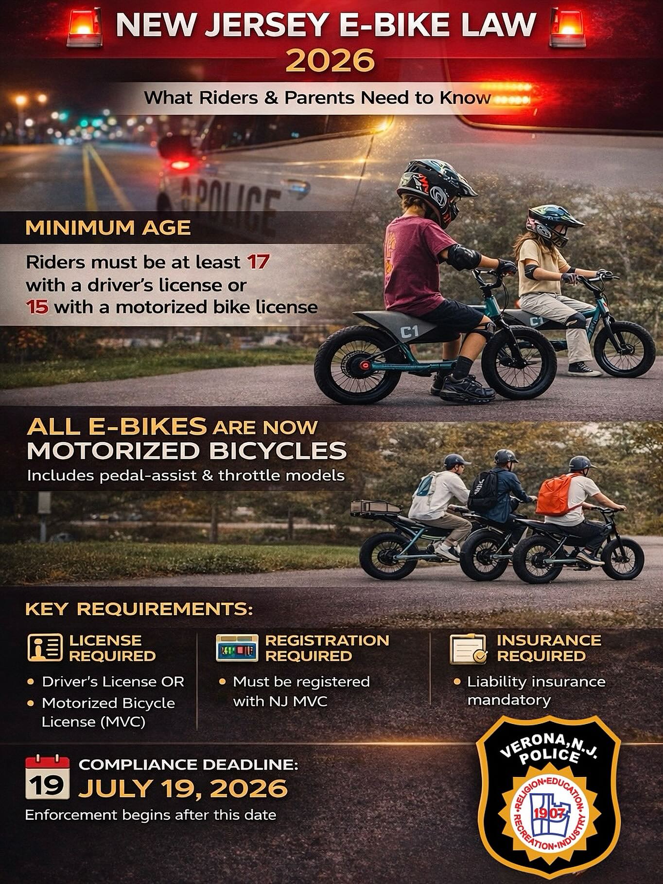 NEW JERSEY 2026 E-BIKE LAW — WHAT TO KNOW 🚨
(Effective January 19, 2026)
• All E-Bikes are now classified as “Motorized Bicycles”
• License Required
– Age 17+: valid driver’s license
– Age 15–16: motorized bicycle license
• Registration & Insurance Required for all e-bikes
• Class 1 & Class 2 exemptions are gone (includes low-speed pedal-assist)
• 6-month compliance window — The law requires riders to adhere to these new rules by July 19, 2026.
💡 What This Actually Means:
✅ You now need some form of state-issued credential to ride an e-bike legally (driver’s license or motorized bicycle license).
✅ You must register and insure your e-bike before strong enforcement begins.
❌ Riders younger than 15 cannot ride even with supervision.
⚠️ Make sure you’re registered, licensed, and insured before the deadline.