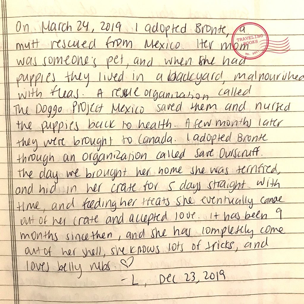 “On March 24, 2019 I adopted Bronte, a mutt rescued from Mexico. Her mom was someone’s pet, and when she had puppies they lived in a backyard, malnourished with fleas. A rescue organization called The Doggo Project Mexico saved them and nursed the puppies back to health. A few months later they were brought to Canada. I adopted Bronte through an organization called Save Our Scruff. The day we brought her home she was terrified, and hid in her crate for 5 days straight with time, and feeding her treats she eventually came out of her crate and accepted love. It has been 9 months since then, and she has completely come out of her shell, she knows lots of tricks, and loves belly rubs <3 ⁃L, Dec 23, 2019
#hostel #hostels #mystory #stories #handwriting #dogstory #rescuedog #toronto #tellyourstory #shareyourstory #stayhome #quarentinestories #travelers #realpeoplerealstories #covid #covid19 #quarantine #communityproject #ilovedogs