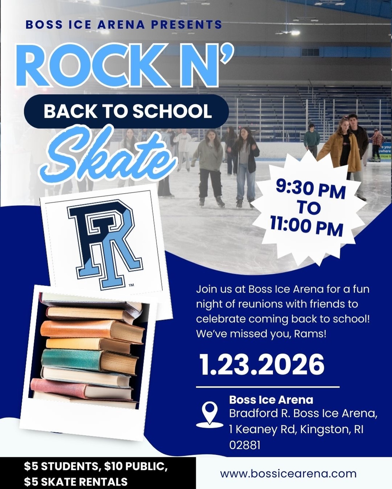 🎸⛸️🎒 Back to school, but make it ROCK N SKATE!
Join us at Boss Ice Arena this Friday, January 23rd from 9:30 - 11:00 pm, and glide into the new semester with us!