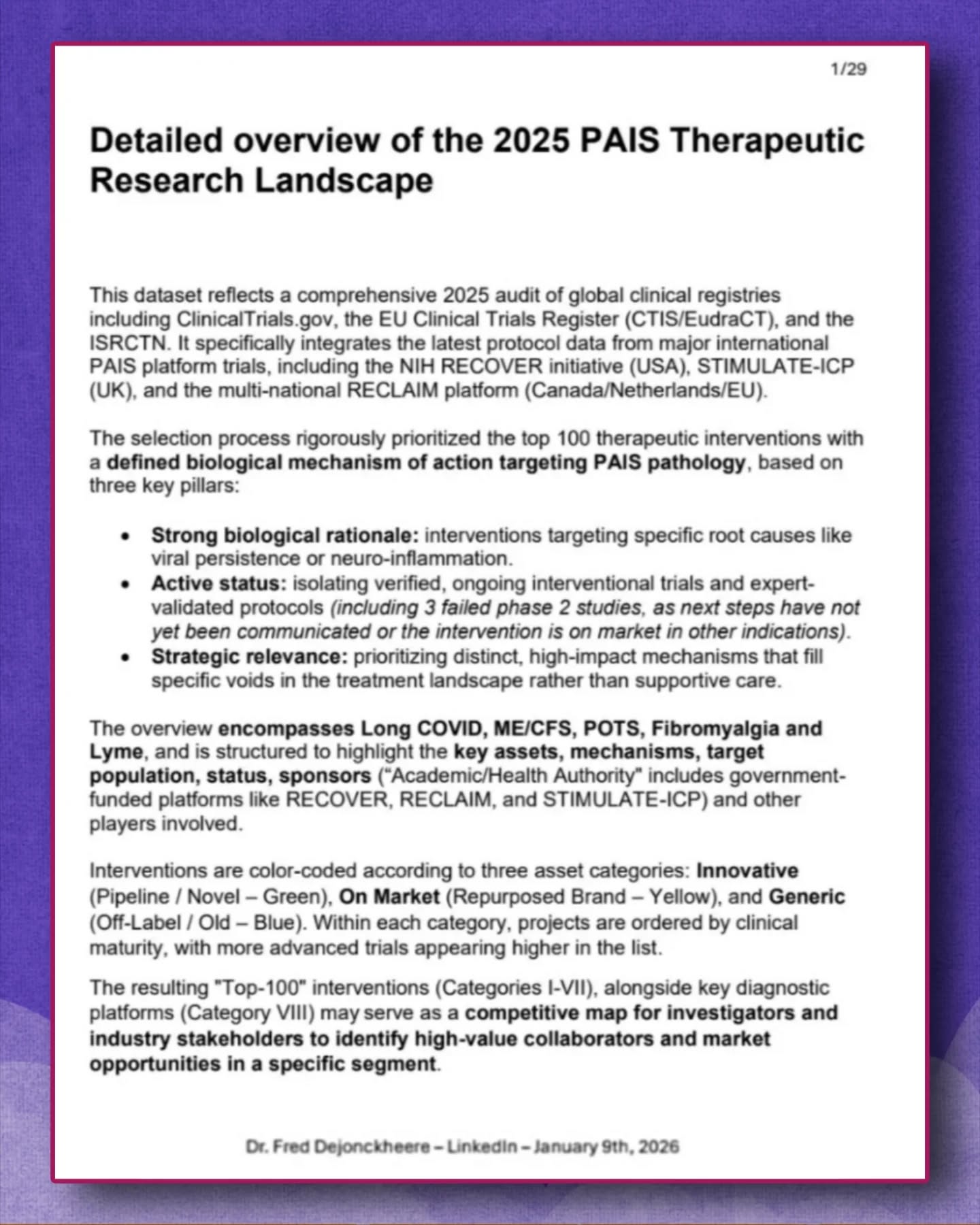 🧵 Top 100 essais cliniques sur #CovidLong, #EM et #POTS : état des lieux et perspectives💊🔬
🩺 Alors que le sommet mondial de la santé #JPM2026 se tient actuellement, un audit complet des 100 essais cliniques les plus avancés sur les syndromes post-infectieux (#PAIS) met en lumière un tournant important pour la recherche.
📊 Réalisé par Fred Dejonckheere, MD, MSc, cet audit cartographie :
- 100 programmes cliniques
- 7 grandes catégories thérapeutiques
- 30 plateformes de diagnostic, vers une médecine de précision
🧬Les 7 catégories thérapeutiques étudiées couvrent :
- La persistance virale
- La modulation immunitaire
- La restauration métabolique
- Les interventions neurocognitives
…et d’autres approches innovantes
🔎Ces données permettent de visualiser le paysage global de la recherche sur le CovidLong, l’EM et le POTS, et montrent les directions actuelles vers des traitements plus ciblés et personnalisés.
🧪Les 30 plateformes de diagnostic identifiées mettent en avant l’importance de la médecine de précision dans ces pathologies complexes.
👩⚕️Pour les cliniciens, chercheurs et associations de patients, ce document offre une vue d’ensemble essentielle sur les essais en cours et les approches thérapeutiques explorées.
📄 Accédez au document complet des 100 essais cliniques et explorez le panorama détaillé ici
👉 urlr.me/sH3U5N
🌟Une lecture indispensable pour comprendre l’évolution de la recherche et les perspectives pour les syndromes post-infectieux trop longtemps négligés.