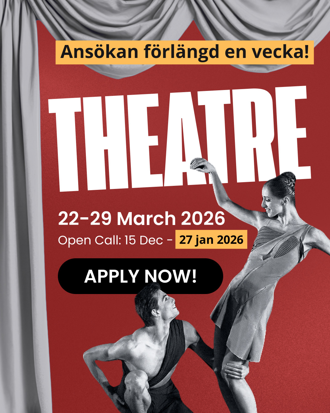 Häng med oss till Vilnius! Vi förlänger nu ansökan en vecka för denna möjlighet för scenkonstnärer att åka på konstnärligt utbyte med Belarusiska konstnärer ✨
TEATER & YTTRANDEFRIHET – OPEN CALL!
Är du teaterprofessionell och vill arbeta internationellt med konsten som verktyg för yttrandefrihet?
Nu lanserar vi Creative Communities Acceleration Program (CCAP) tillsammans med vår partner i Vilnius, Litauen Create Culture group!
📍 Vilnius, Litauen | 22–29 mars 2025
Vi söker 5 Sverigebaserade teaterprofessionella – oavsett om du är skådespelare, regissör, kostymör, scenograf eller digital scenkreatör. Olika bakgrunder och uttryck välkomnas!
Under residenset möts Sverigebaserade och Belarusiska konstnärer för att:
✨ utforska teater som form för offentligt samtal
✨ utveckla nya gemensamma projekt
✨ bygga långsiktiga internationella samarbeten
📅 Ny deadline: 27 januari
Målgrupp: Vuxna teaterprofessionella, Ingen åldersgräns
Länk till ansökan finns i bio!
Mer info om projektet finns här: https://createculture.eu/ccap_eng
För frågor, kontakta oss på Smart: kontakt@smartcoop.se
#teater #opencall #kultur #yttrandefrihet #internationelltsamarbete #residens #scenkonst #CCAP #createculturegroup #smartcoopsweden