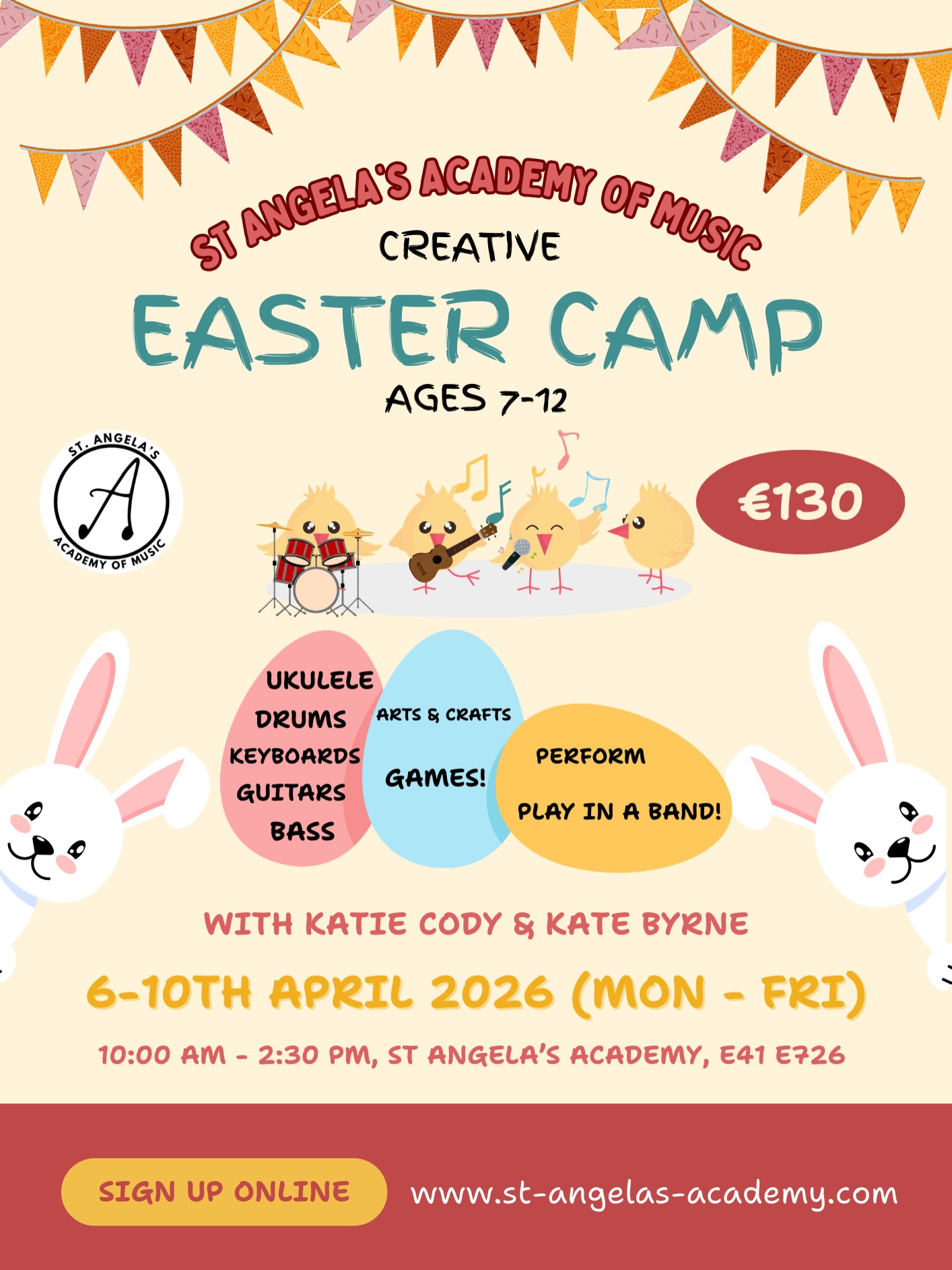 Creative Easter Camp 2026 🐣
Kate Byrne and Katie Cody are leading our Easter Camp this year. Activities include band class, drama, arts and crafts, dancing, and much more! Sign up now via our website. Places are limited.
📍 St. Angela’s Academy, Thurles
📆 April 6th-10th (Monday- Friday), 10 am -2:30 pm
💵 €130 per child