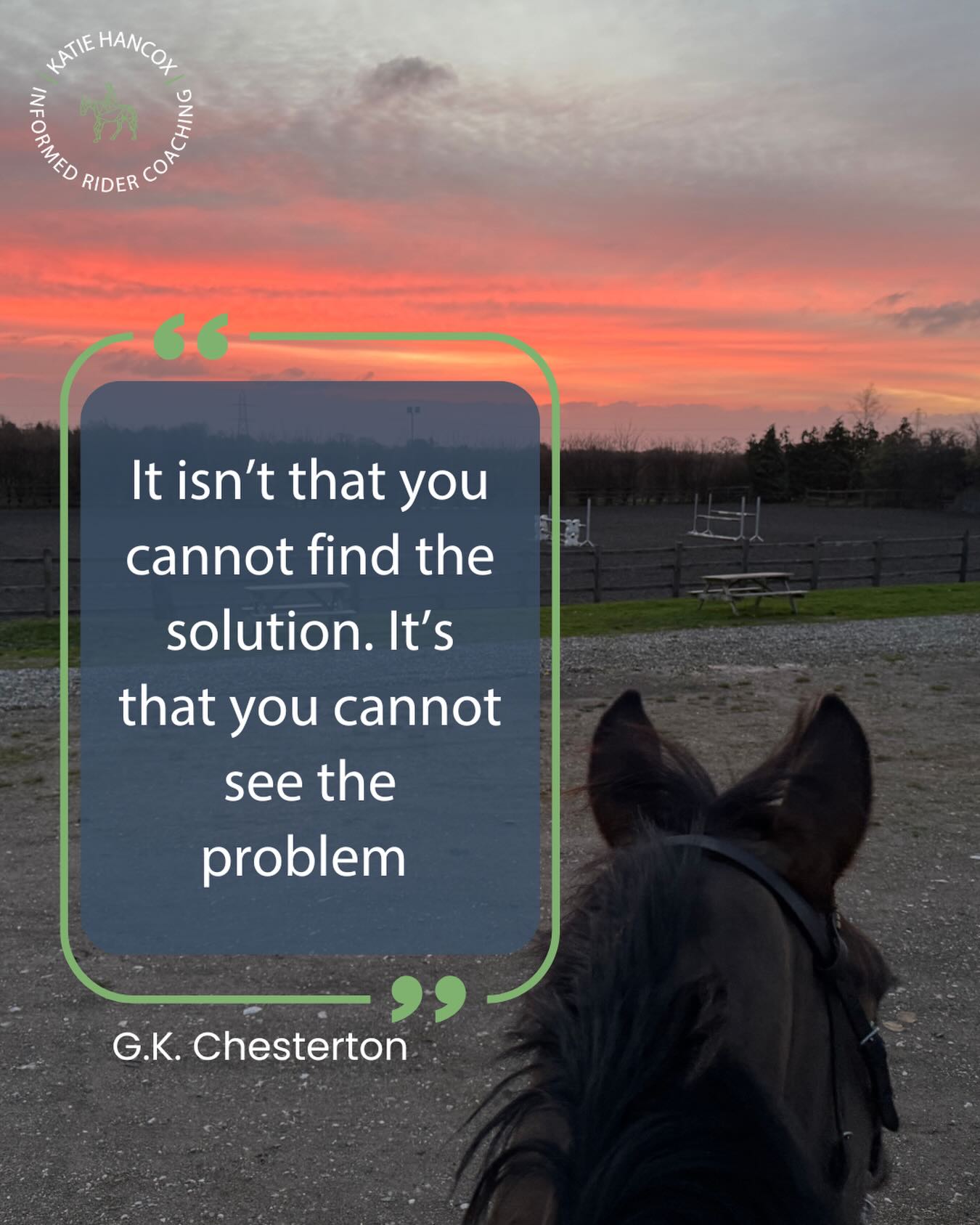 Most riders aren’t short on effort.
Or motivation.
Or exercises.
They’re short on clarity.
When something isn’t working, the instinct is to do more:
• more leg
• more hand
• more drilling
• more pressure
But if you’ve misidentified the problem, no solution will ever land.
Is it actually a training issue…
Or a clarity issue?
A strength issue?
A timing issue?
A horse that doesn’t fully understand the question yet?
Progress doesn’t come from throwing fixes at a symptom.
It comes from learning how to see the problem accurately in the first place.
That’s where good coaching lives.
Good coaching lives to show you how to zoom out, assess and act appropriately.
Good coaching serves to remind you you don’t know what you don’t know - and that’s fine
Because that’s my job as a coach to show you and help you understand.
👉 What’s one thing in your riding you might be trying to “fix” without fully understanding yet?
Katie