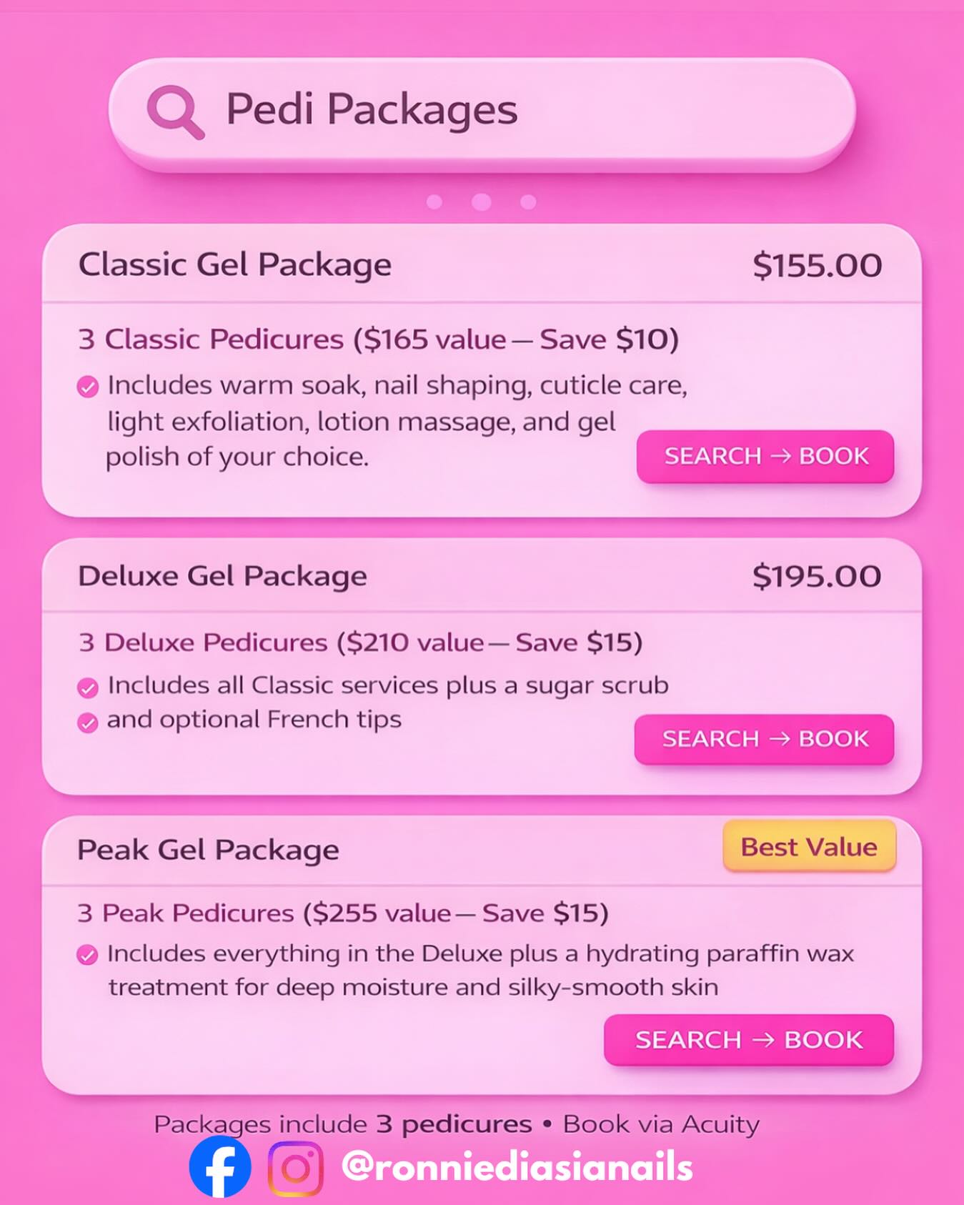 ✨ Search results you’ll actually love ✨
Pedicure packages designed to keep your feet polished, soft, and maintained — while saving you money.
🔍 Classic – clean + gel
🔍 Deluxe – scrub + upgrades
🔍 Peak – paraffin + best value
Each package includes 3 pedicures so your toes stay on schedule, not scrambling last minute.
-Toledo/Sylvania
-Book via Acuity
-Limited availability
Your next pedi is one search away.
Book now at rdnailsalon.com
#toledonailtech #pedicurespecials #pedicurist #sylvanianailtech #detroitnailtech #maumeenailtech #lucascounty #bgsunailtech #bgsu #utoledo #nailpromo #limanailtech #findlaynailtech #monroeminailtech