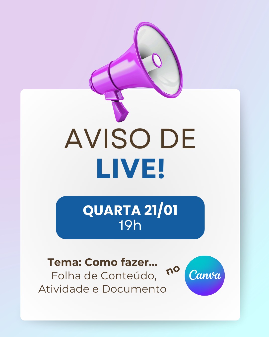 Nossa live será na quarta, às 19h - Lá no Youtube @fiznocanvaoficial Precisei mudar a data, mas será incrível.
Chama seus colegas!
Mas, atenção... É uma live OBRIGATÓRIA pra quem não sabe fazer uma folha de conteúdo, de atividade ou até um documento no Canva, combinado!
Espero vocês lá! 😍😮
#canva #canvabrasil #canvassador #livedecanva #faznocanva #fiznocanva
