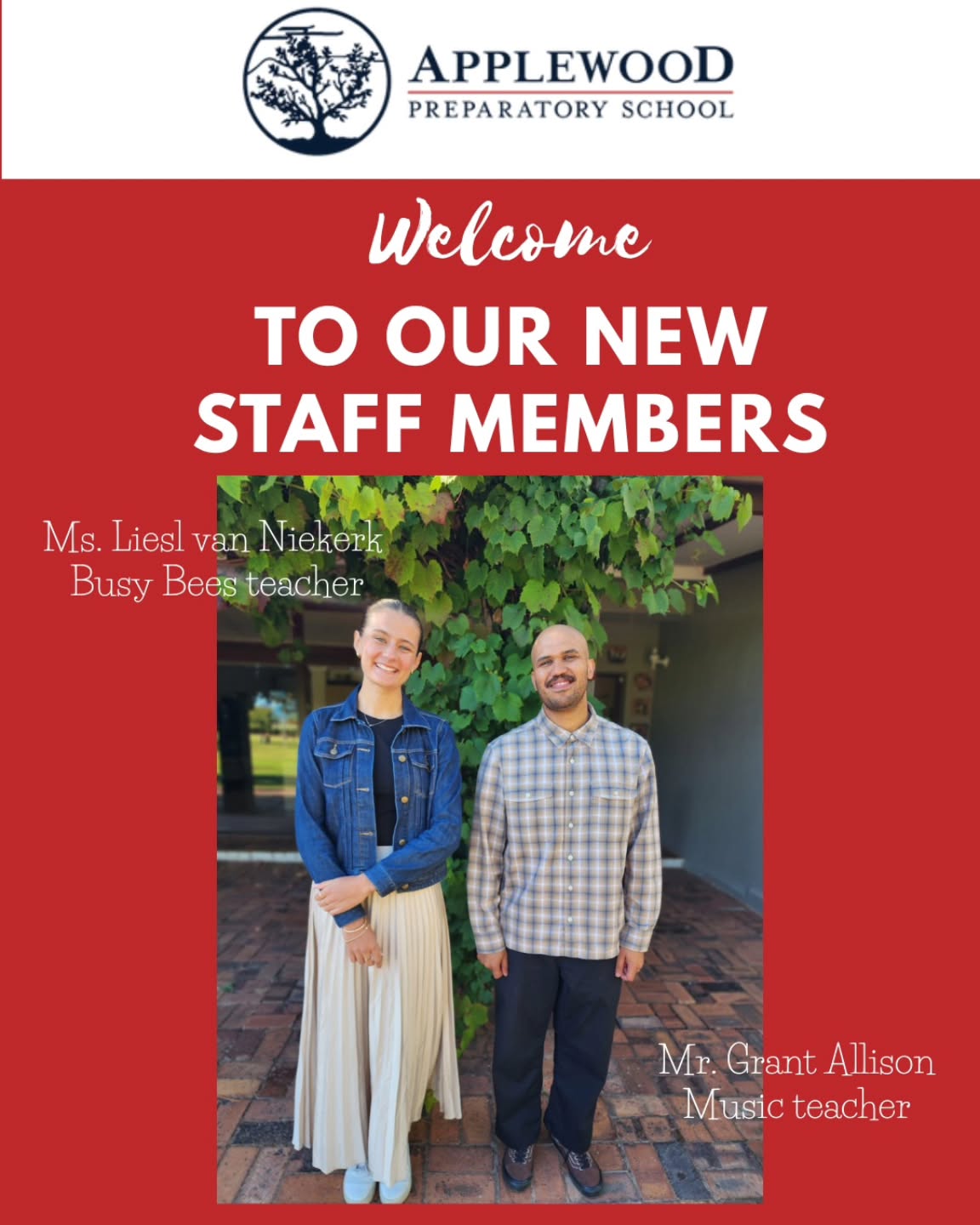 A very warm welcome to our two new staff members at Applewood! 🌿
We are so excited to have them join our Applewood family and look forward to the skills, passion, and positivity they will bring to our school community. Wishing them a wonderful and successful journey with us! 🍎