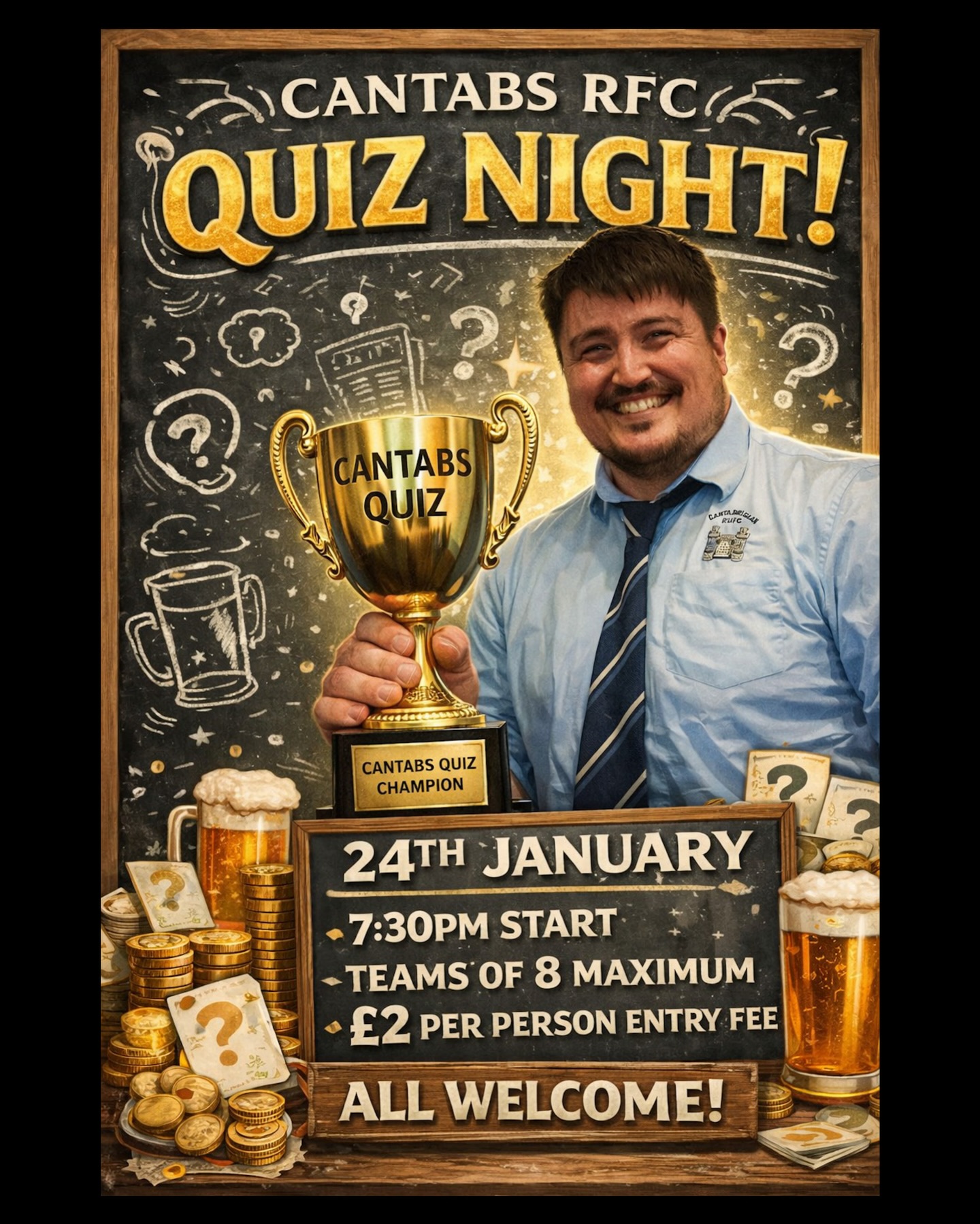 Cantabs Quiz Night - THIS SATURDAY!
This is always a fun night so we’d love to have you join us!
7.30pm start and only £2 to enter, what a bargain!
#quiz #quiznight #cantabs #cantabsrugby #socialrugbyincambridge
