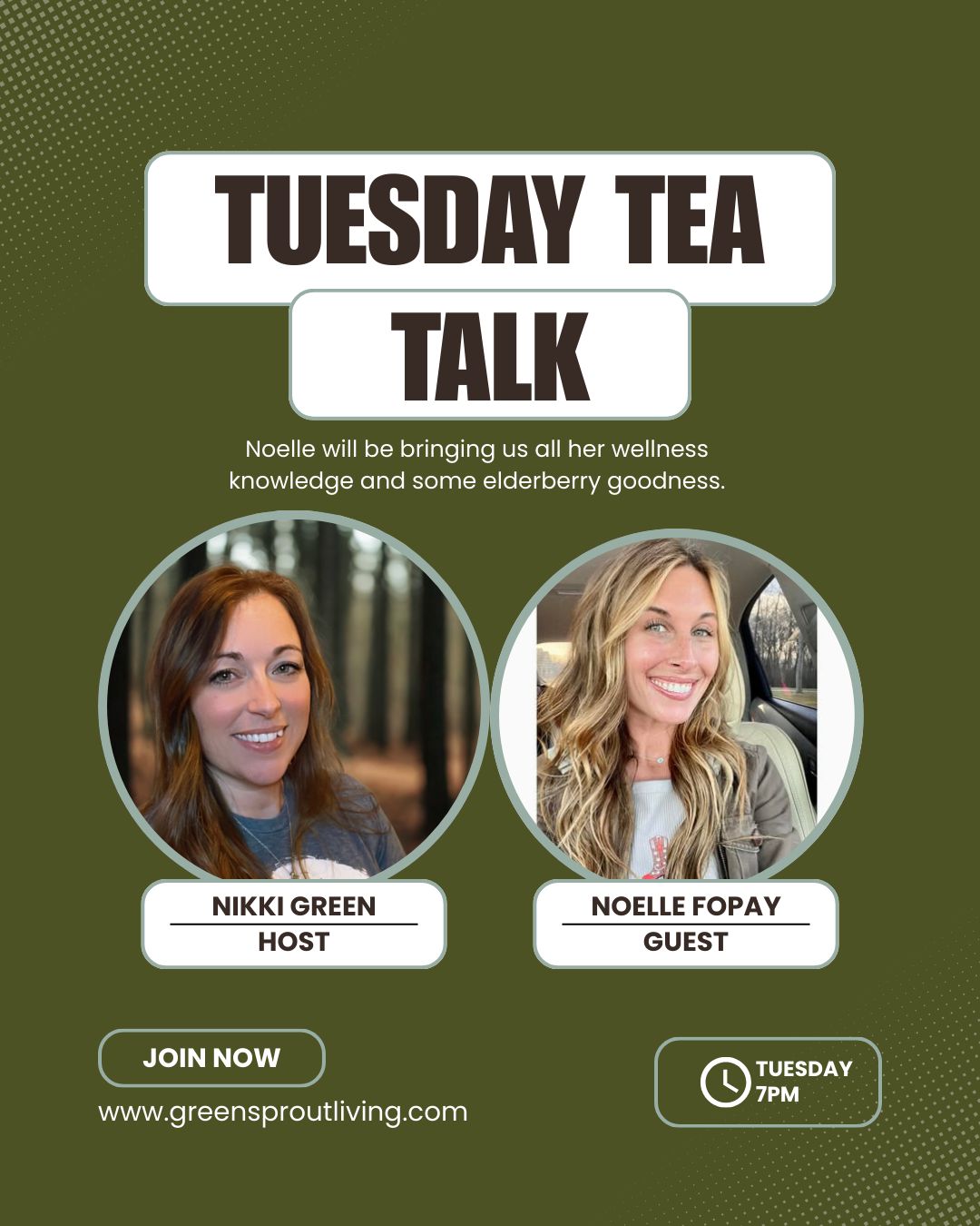 ⏰ 2 hours to go — it’s not too late to join the party!
Come hang out with Noelle and me as we get into the nitty-gritty of winter wellness, elderberry syrup, and so much more.
👉 Follow the link below to join us — you won’t regret it! ❄️🫖
https://www.greensproutliving.com/event-details/tuesday-tea-talk-with-special-guest-noelle-fopay
