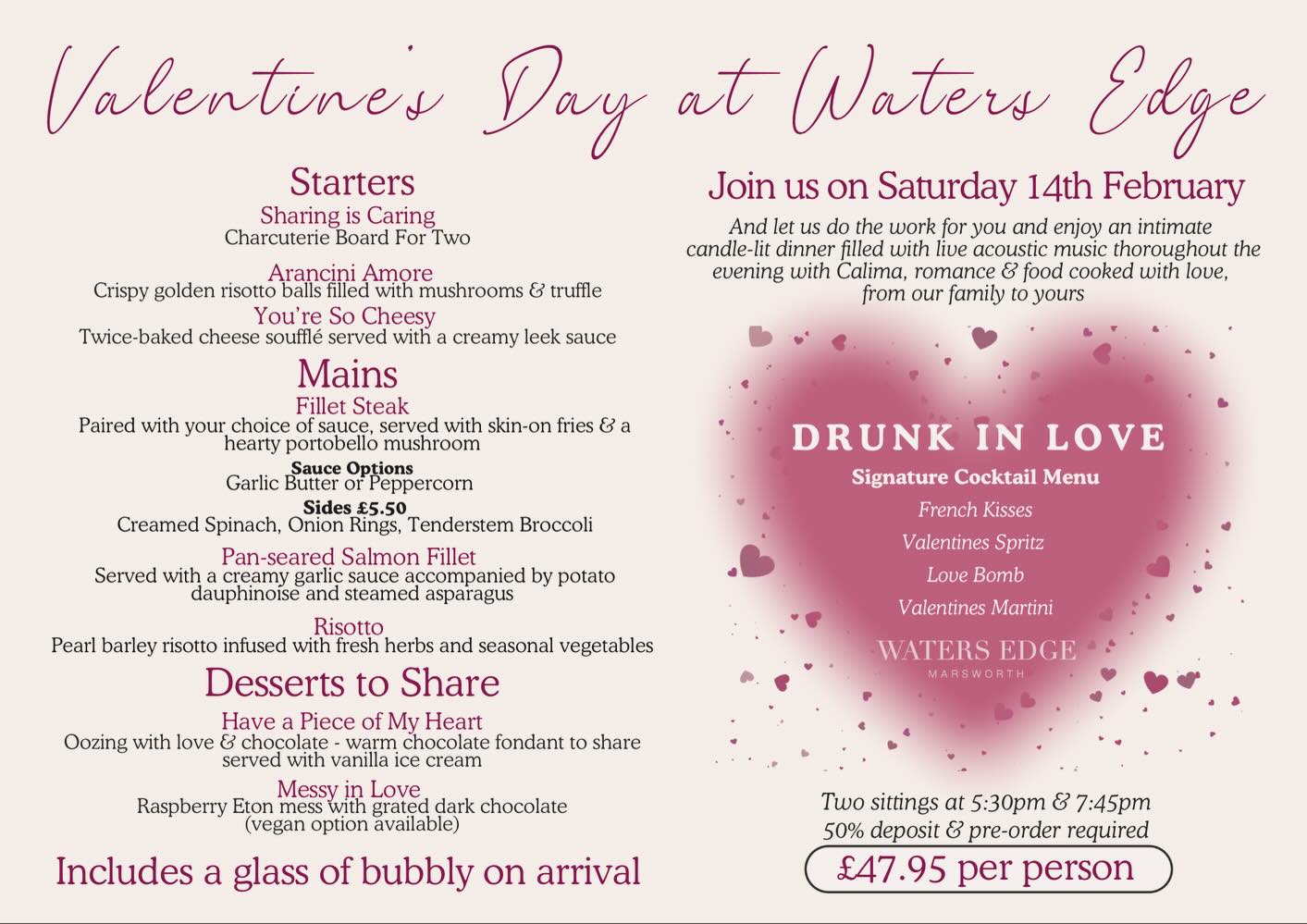 This Valentine’s Day, Saturday 14th February join us for a small and intimate dining experience in our candle-lit restaurant. We’ll be joined by the lovely couple @calima_acoustic , bringing gentle live acoustic sounds throughout the evening, alongside comforting food made to share in a relaxed, romantic atmosphere
Two sittings: 5:30pm & 7:45pm
❤️50% deposit & pre-order required
❤️£47.95 per person
Limited tables available, pop us an email on info@wemarsworth.co.uk