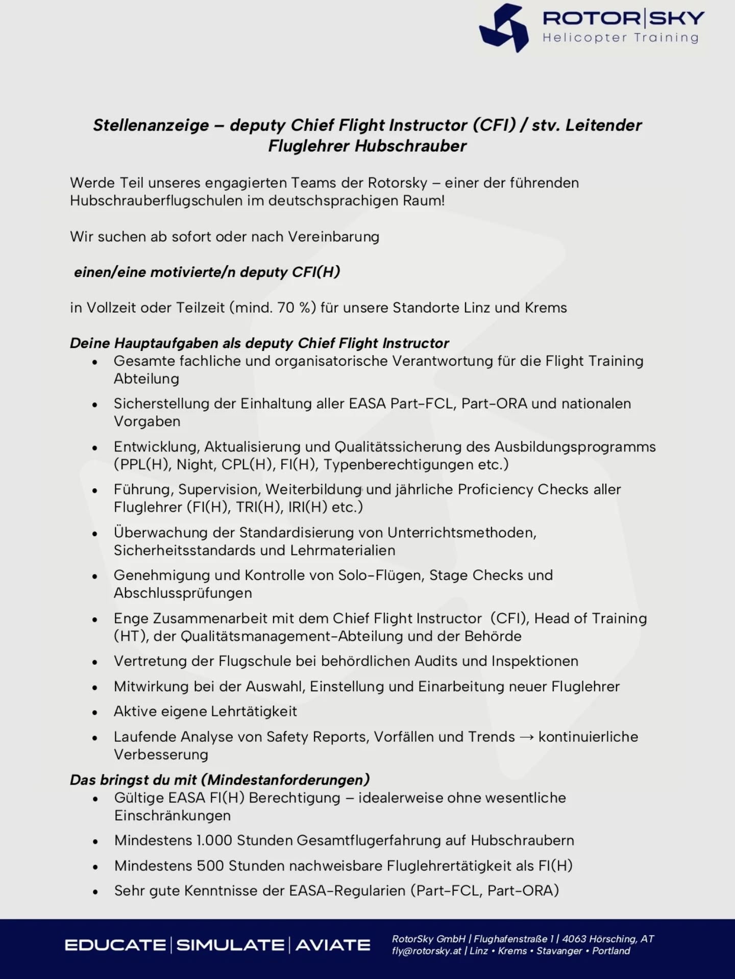 WE ARE HIRING: Deputy CFI (m/w/d)
Werde Teil von RotorSky und übernimm Verantwortung als stv. Leitender Fluglehrer!
Standorte: Linz & Krems
Was wir bieten:
🔹 Schlüsselposition mit Gestaltungsspielraum
🔹 Unterstützung bei Weiterbildung (z.B. H145, IR)
🔹 Modernste Flotte & Infrastruktur
Alle Anforderungen und Benefits findest du in den Slides.
📩 Bewirb dich jetzt unter: f.kastner@rotorsky.at
Betreff: Deputy CFI 2026
#rotorsky #fluglehrer #jobalert #aviationdaily #instaaviation helicoptertraining hiring