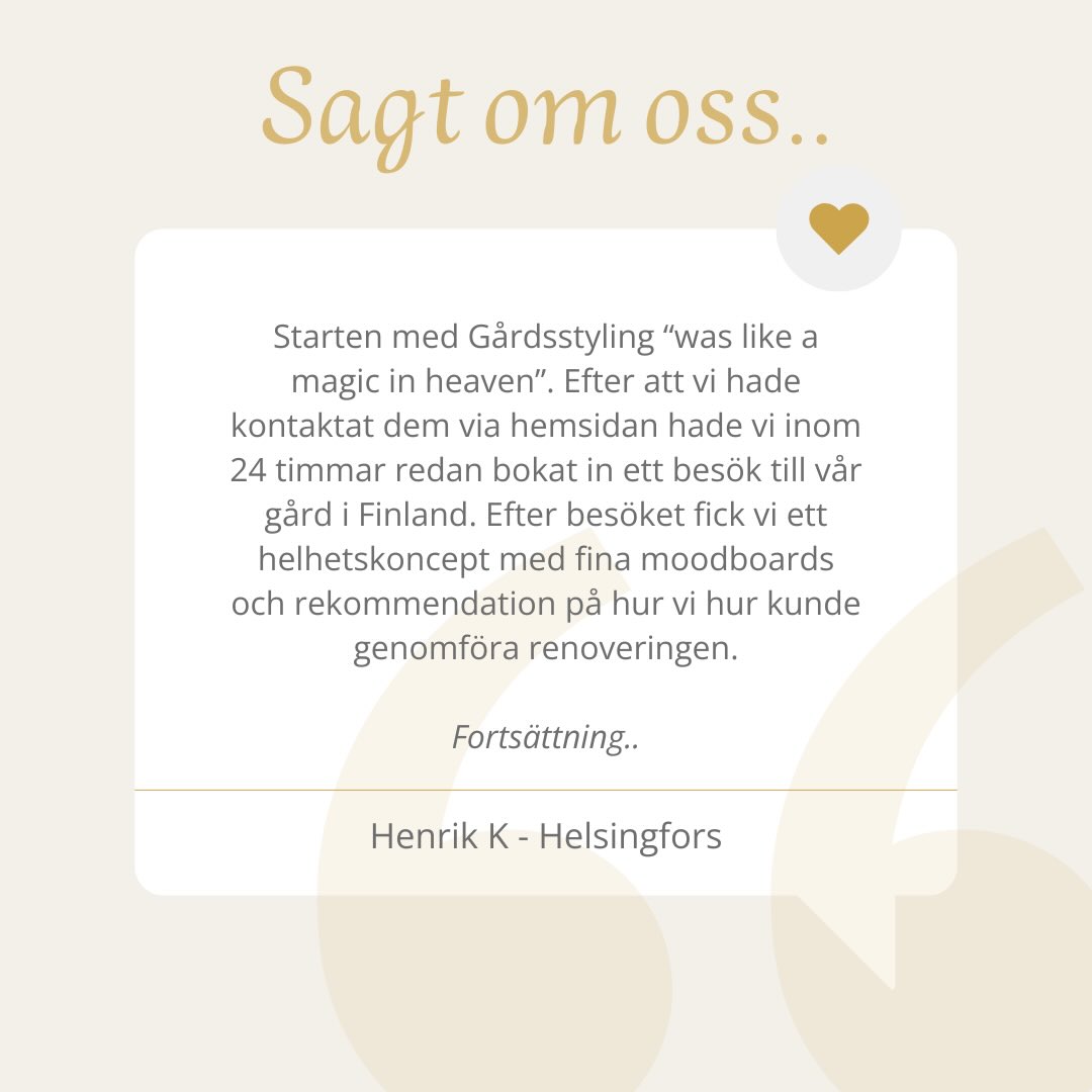 Så glada av att läsa denna kundrecension 💛
Henrik är vår första utländska kund. Hans gård ligger i Finland, ca två timmar från Helsingfors. Markus pappa är från Finland och vi spenderar tid i Ekenäs om somrarna, vilket gjorde att det kändes extra roligt med ett uppdrag där. Henrik var så mån om att på allra bästa sätt renovera familjens gård som han nu har tagit över. Han hade gjort mycket research och tittade mycket mot Sverige då vi har en helt annan tradition kring att renovera gamla gårdar här.
Vi gjorde ett platsbesök och därefter jobbade vi fram en konkret plan till honom. Den ena delen av uppdraget var att få till stilen och alla materialval för att få det slutresultat som han önskade. Den andra delen var att rita om planritningen. Det är ett stort hus och justeringarna kommer innebära stora förbättringar i hur de kommer kunna nyttja huset, även om vi var måna om att inte ändra mer än nödvändigt. Den sista delen i vårt uppdrag var att ta fram en konkret plan för själva genomförandet. Vi beskrev avgränsningar och prioriteringar i projektet, vi beskrev även praktiskt genomförande för de olika momenten.
Gården renoveras just nu. Vi är så spända på att få se slutresultatet, förhoppningsvis i samband med sommarens Finlandsresa. Tack för förtroendet Henrik!
#renoveragamlahus #renoveringsprojekt #gamlahuspålandet #gårdsstyling #renoveragård