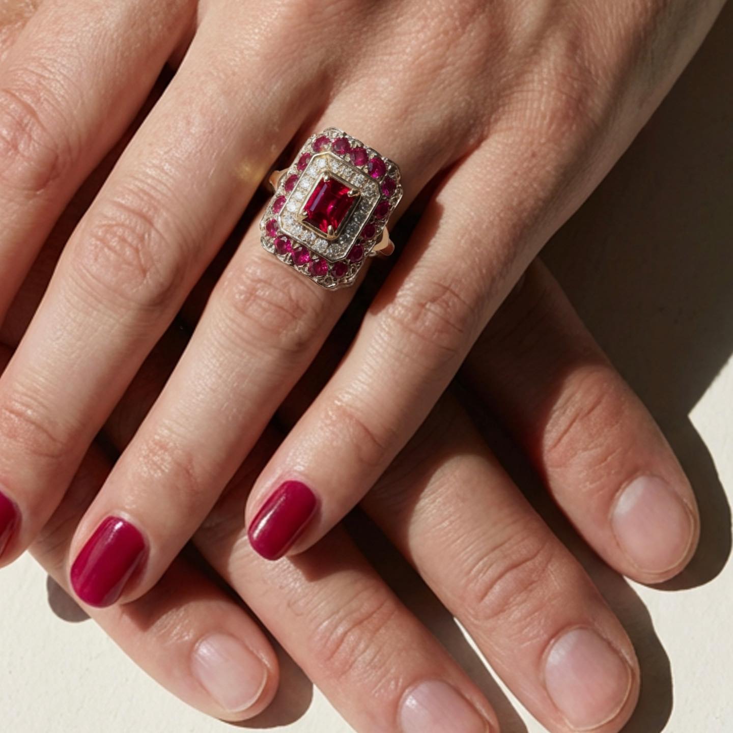 Ruby a timeless protective stone believed to bring happiness, passion, and spiritual vitality to its wearer.
Said to shield against negative energies, this ring carries a secret detail:
four “Mmmm” letters woven into the pattern, symbolizing delight, pleasure, and joy.
This piece can be created just for you , personalised with the gemstone that speaks to your own story.
These hand images were created with AI based on the ring image . It was my first time playing with it, and I’m truly mesmerized by the creative potential it holds.
“Mmmm” ring with rubies and diamonds in 18-carat white and yellow gold.