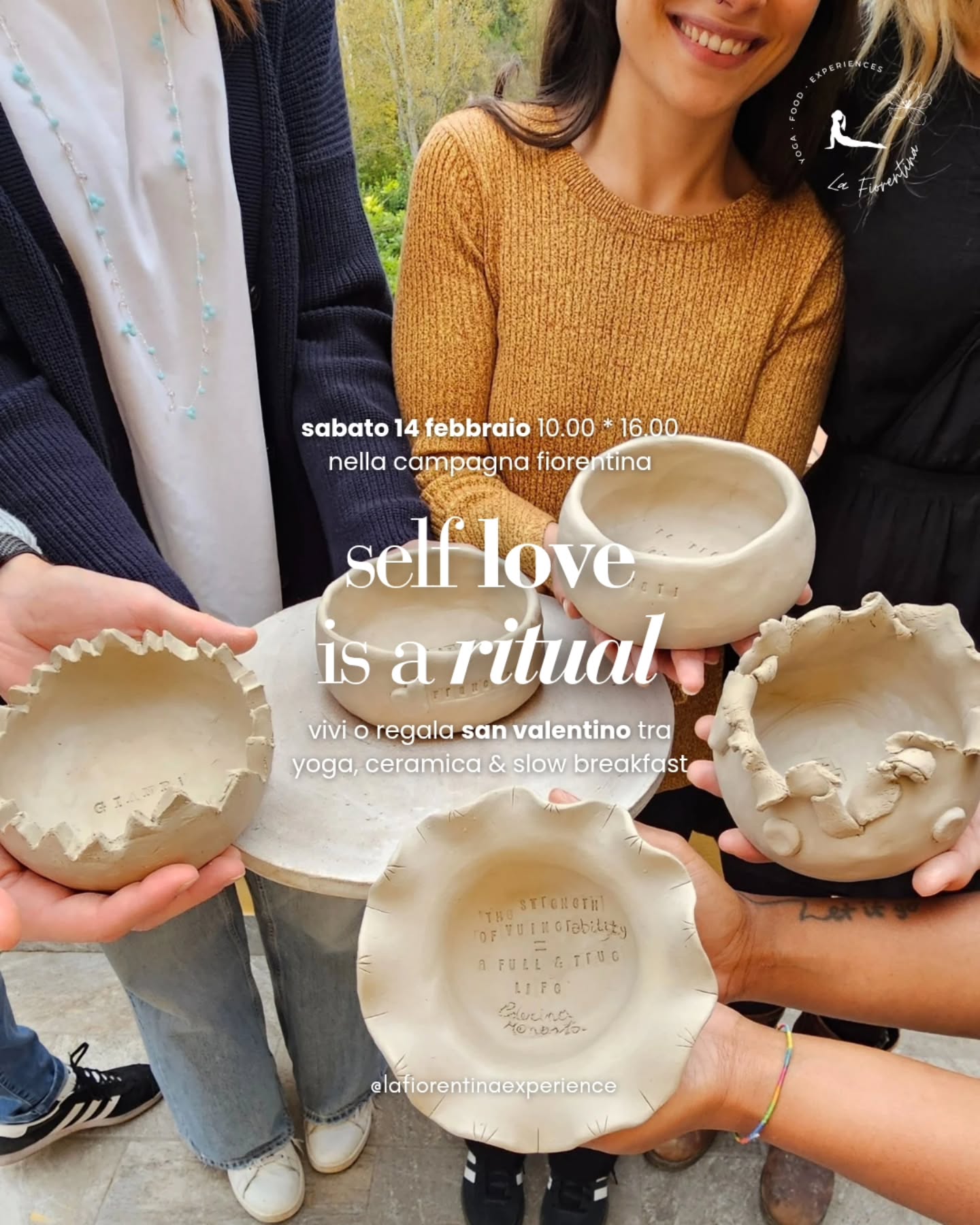 🤍 Self-love is a ritual
🫧 Quanto è bello coccolarsi nel tempo libero, con una maschera di bellezza e una bevanda calda tra le mani? Ancora più bello se la colazione è in una creazione unica, fatta da te ☺️
🗓 14 febbraio 🕙 10:00 - 16:00 📍 Impruneta, nel cuore della tradizione della terracotta
🧘🏼♀️ Yoga dolce & Face yoga con maschera di bellezza (per risplendere fuori e dentro)
🍵 Ceramica: crea il tuo pezzo unico ( no air clay ) adatta per alimenti, lavastoviglie e microonde
🥐 Slow breakfast con prodotti bio e stagionali
💝 GIFT CARD: cerchi un regalo speciale? Regala un’emozione 🌈 Se ne hai ricevuta una, scrivimi per riservare il tuo posto
💌 info: scrivimi in DM “LOVE” o clicca il link in bio
✨ Posti limitati per garantire un’atmosfera intima
Ti abbraccio, Ele 🤍🌸
#SelfLove #SlowMorning #YogaAndCeramics #SanValentino #TuscanyExperience