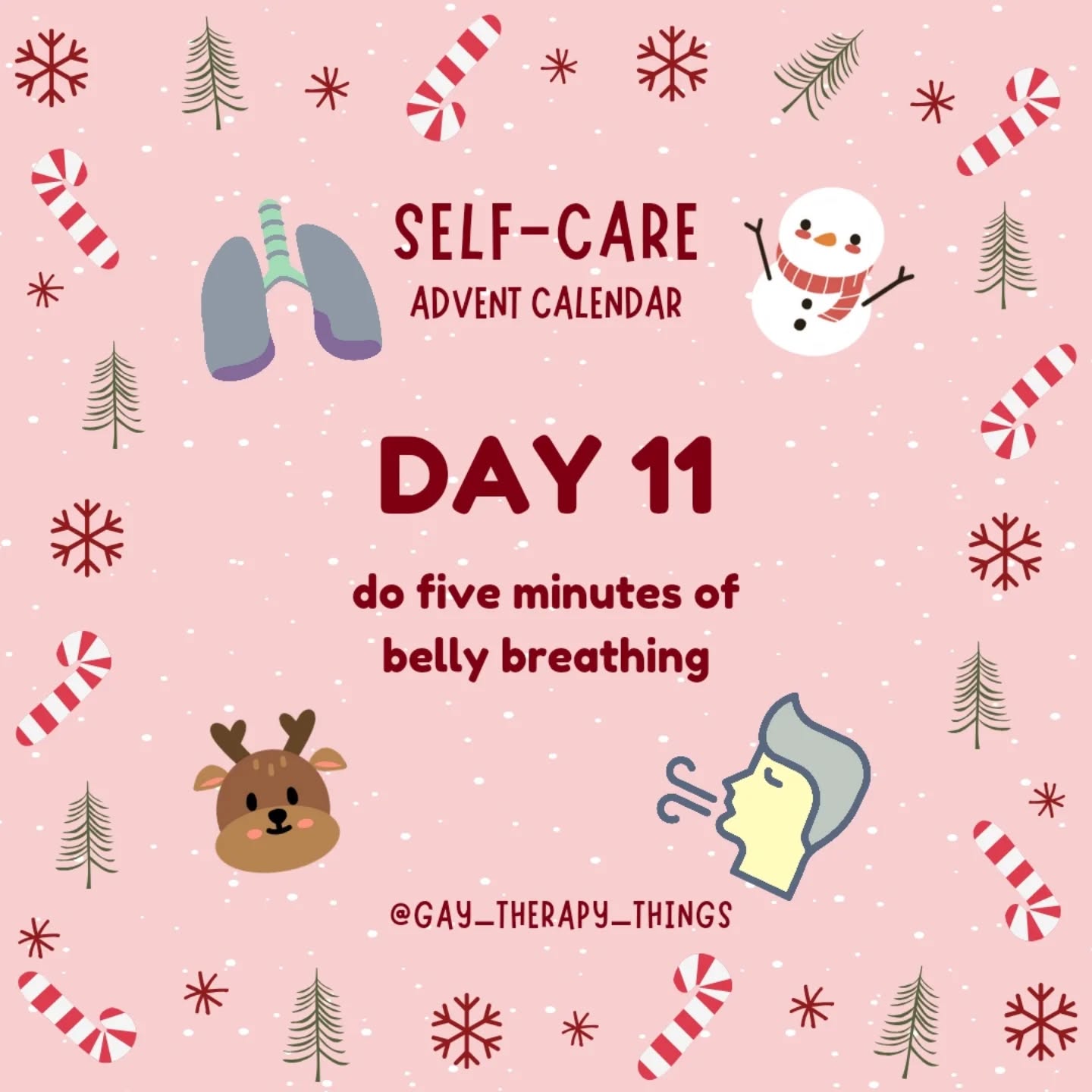 I didn't miss a day, YOU DID! Jk, I definitely forgot to upload yesterday ð
Well today, we have 5 minutes of belly breathing. Check out my reels for a quick video explaining how to do one type of breath practice.
This breathing exercise really calms the nervous system, and can help us expand our breath to its fullest extent. It breaks down each part of the body that's involved when we inhale, giving us a greater capacity to fill up our lungs to entirety.
This is a great breath to do for a minute, or for several minutes! Try it with yourself, with your clients, with your partners, and your friends!
Bonus points if you do a quick check-in to see how you feel before and after this exercise!
#adventselfcare #selfcare #yoga #breathe #therapistsofinstagram