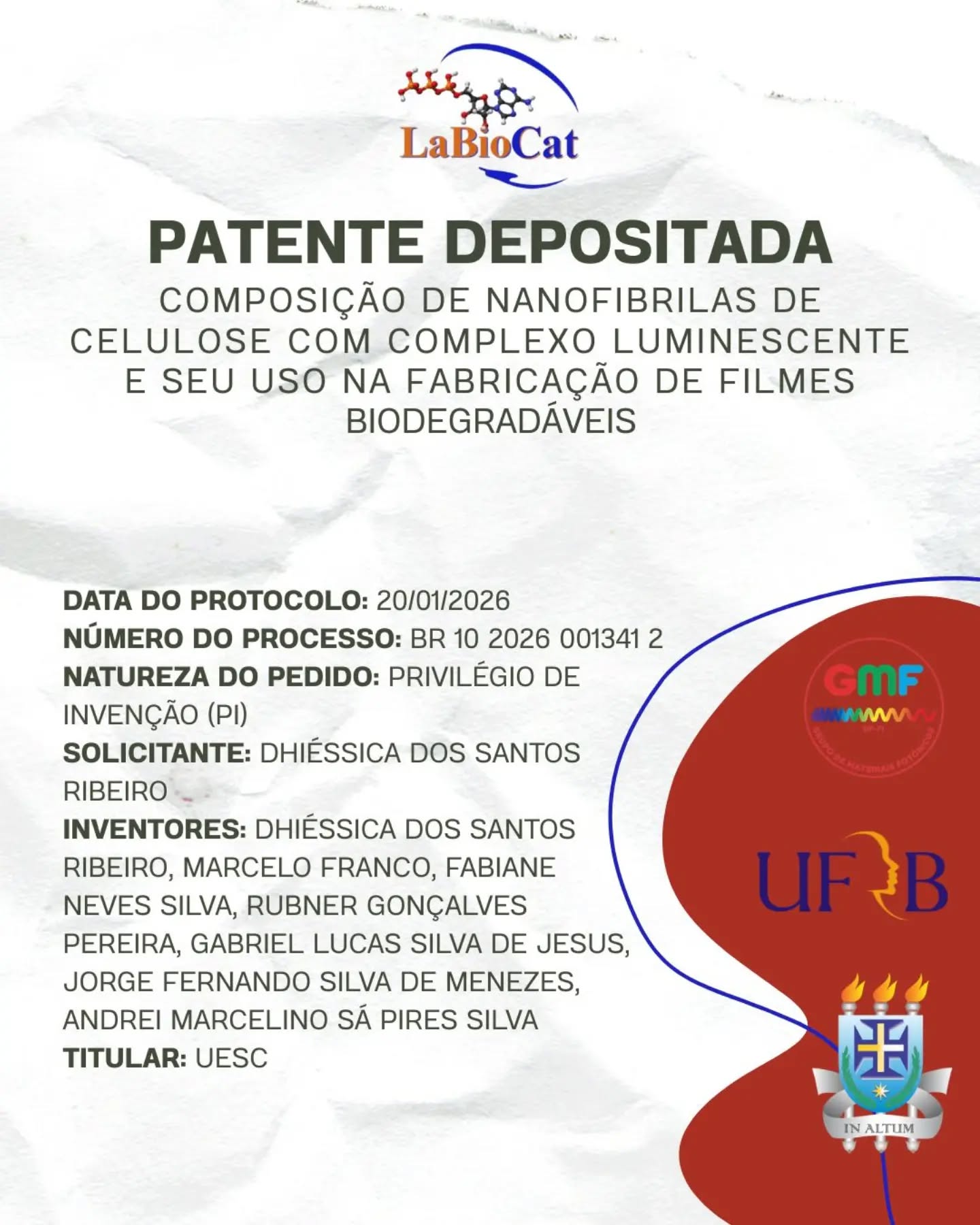 Nossa pesquisadora e doutoranda, Dhiéssica Ribeiro, acaba de realizar o primeiro depósito de patente do ano, reafirmando o compromisso do laboratório com a ciência, a tecnologia e o desenvolvimento de soluções inovadoras. 🚀🧪