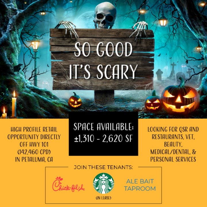 Scary good retail space for lease on Halloween! 💀 Join Chick-fil-A, Starbucks and Ale Bait Taproom, all coming into this HWY 101 visible project in Petaluma.
#petaluma #petalumaretail #retailleasing #retailwest
Stay safe out there friends!