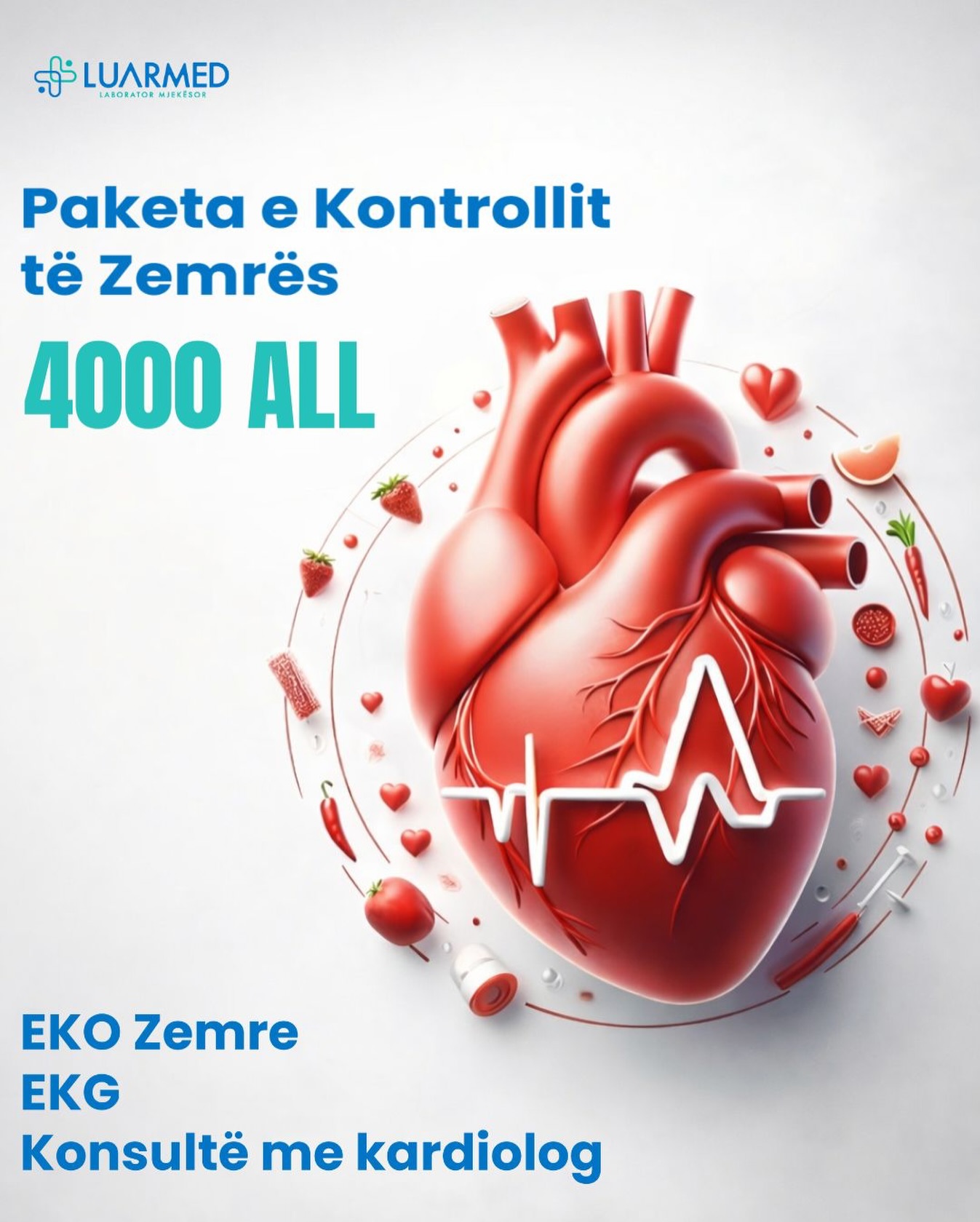 Paketa e Kontrollit të Zemrës – 4000 ALL
✔️ Eko Zemre
✔️ Konsultë me Kardiolog
✔️ EKG
Zemra juaj rreh rreth 100,000 herë në ditë — mbajtja e saj e shëndetshme është thelbësore për një jetë të gjatë dhe aktive.
📍 LUARMED – Laborator Mjekësor
