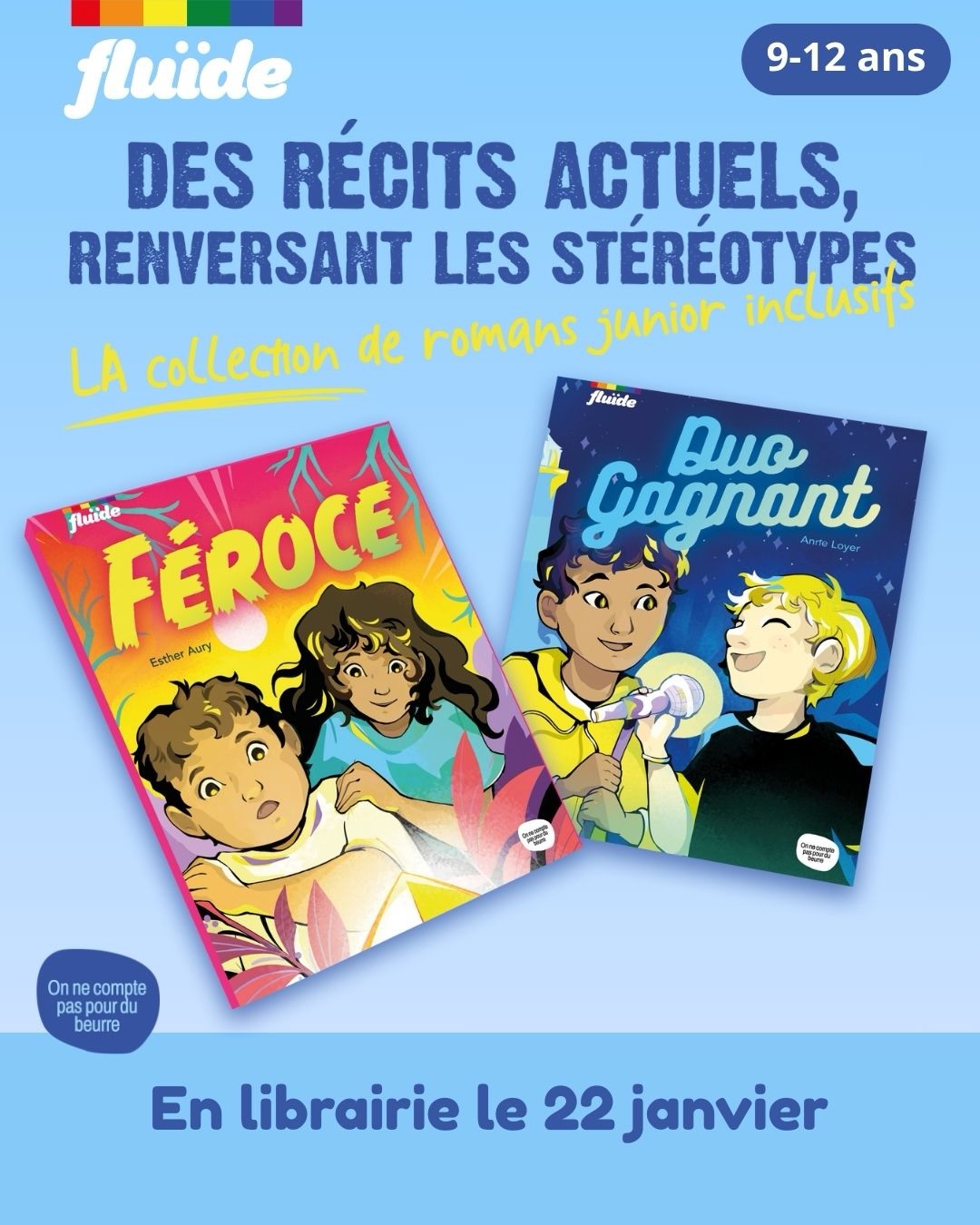 🌈 FLUÏDE🌈 Attention, lancement…
Voici notre nouvelle collection de romans junior pour les 9-13 ans. La ligne édito est simple : il y a toujours au moins un personnage 🌈 mais ce n’est jamais le sujet de l’histoire !
🎶 Dans « Duo gagnant », il s’agit d’une romance à deux voix entre deux jeunes garçons… écrit par @loyeranne
🌳Dans « Féroce », Adem et Soraya ne s’apprécient pas vraiment mais ils vont devoir compter l’un sur l’autre lors d’une mésaventure… (Soraya a une petite amie mais ce n’est pas le centre de l’histoire). Écrit par @estheraury_ginal
À suivre, en mars, vous découvrirez :
🏀 « Du jour au lendemain » de @sophie_adriansen
Une libre adaptation du roman de Virginia Woolf « Orlando », dans l’univers du basket
🌙 « Les nuits de ma vie » de Feriel Gaye @purplefefe_ , une romance lezbi3nne entre les rêves et la réalité de Maya, seule enfant non blanche de son collège…
D’autres sont encore en travail. Cela fait plus d’un an que nous y travaillons, avec des autrices formidables et l’incroyable @annagriot pour toutes les illustrations.
On compte sur vous pour faire du bruit ! 📚🔊✨💜