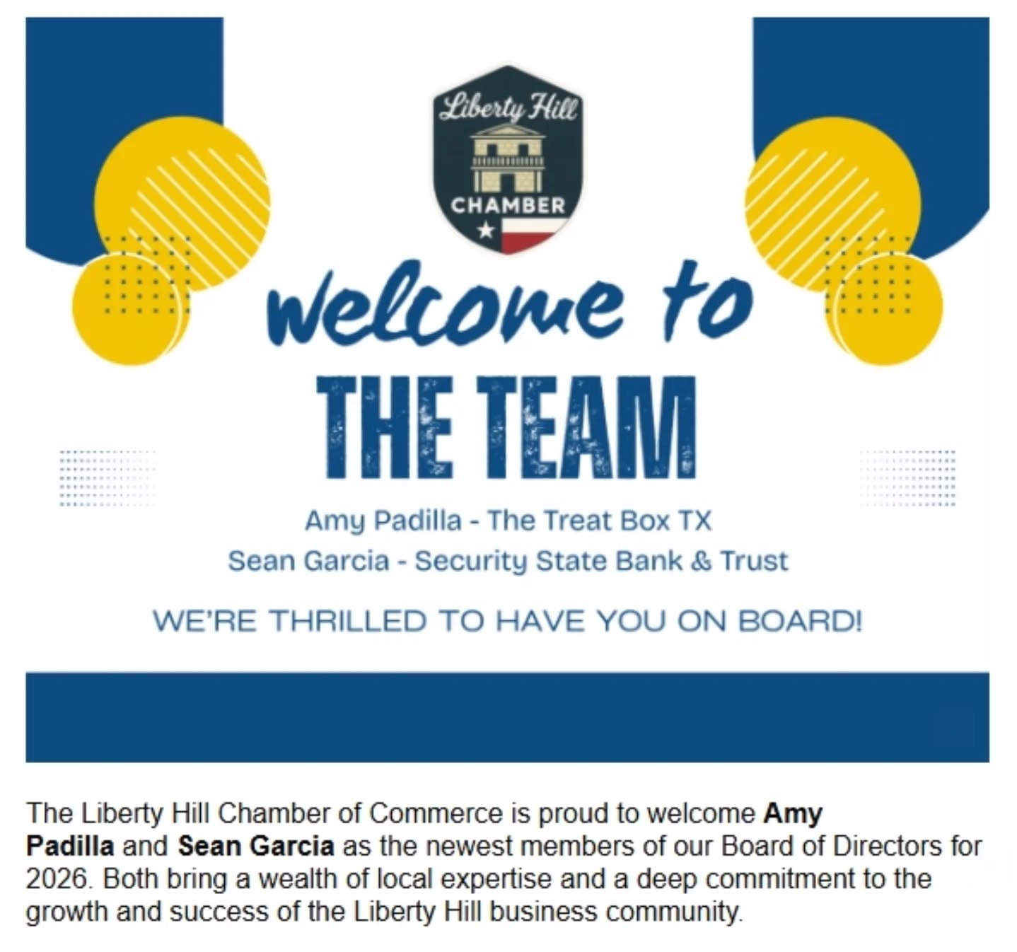 Honored to be selected to serve on the Liberty Hill Chamber of Commerce Board of Directors.
Grateful for the opportunity to give back to a community that has given so much to me and my business. Looking forward to serving alongside an incredible group of local leaders.
�#LibertyHillTX #CommunityLeadership #SmallBusinessOwner #LibertyHillChamber #LocalBusiness