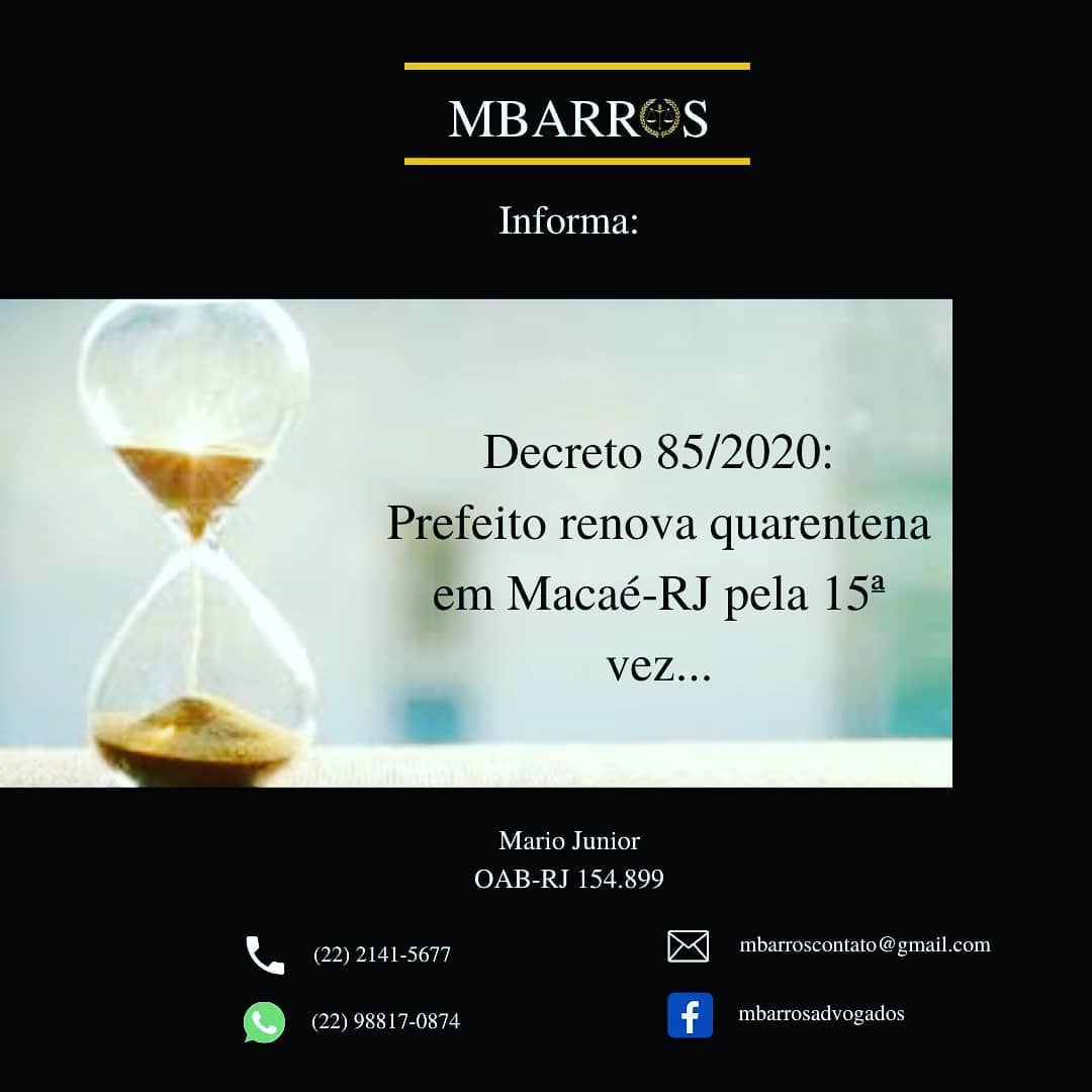 Decreto prorroga (pela 15ª vez) quarentena em Macaé-RJ por mais 07 dias, a contar de 22/06/2020.
Foi publicado na última 6ª feira (19/06/2020) o Decreto nº 85/2020 prorrogando por mais 07 (sete) dias, a contar do dia 22/06/2020, a suspensão de todas as atividades laborais no Município de Macaé/RJ, no âmbito público e privado.
Com este novo Decreto, está liberado escritórios de advocacia, escritórios de contabilidade, seguradoras e imobiliárias, no horário compreendido entre 14h e 20h, sendo que somente retornarão às atividades os que forem submetidos aos testes para Covid-19 cujo resultado seja não reagente.
Parece que o Prefeito desistiu de liberar gradualmente as atividades de forma similar ao Plano divulgado informalmente pela mídia local, pois as atividades liberadas, conquanto sejam essenciais, geram pouco fluxo de pessoas e clientes se comparadas, por exemplo, aquelas de um comércio.
Aliás, se a intenção fosse mesmo ajudar os referidos profissionais (advogados, contadores e corretores), a preocupação seria em liberar as atividades (com as devidas restrições, é óbvio) daqueles que os remuneram: SEUS CLIENTES, empresários e comerciantes locais!
Além de seguir agindo sem transparência (não há critérios ou razões divulgadas para liberar uma atividade e impedir outras de funcionarem com os devidos cuidados), a falta de previsão/organização após 03 meses de quarentena impede que os empresários possam se planejar.
O município também segue sem divulgar oficialmente a taxa de ocupação dos leitos UTI (só divulgou no Informe do dia 27/05/2020), e não responde à população quando questionado sobre aquisição de novos leitos, o que seria o motivo ("gargalo") para pôr em prática o plano de liberação gradual do comércio... Apesar disso, parece que o referido decreto também não será alvo de repúdio dos vereadores, autoridades, MP, todos com a remuneração garantida, nem de parte da sociedade que sofre influenciada pelo extremo pavor incutido pela mídia.
#transparência
#planejamento