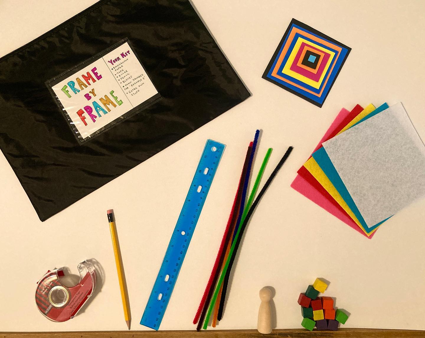 These bits made up the kit for our first online workshop. The tiny blocks ended up stealing the show as they transformed into race cars, people, dogs and more. Imaginations are cool.