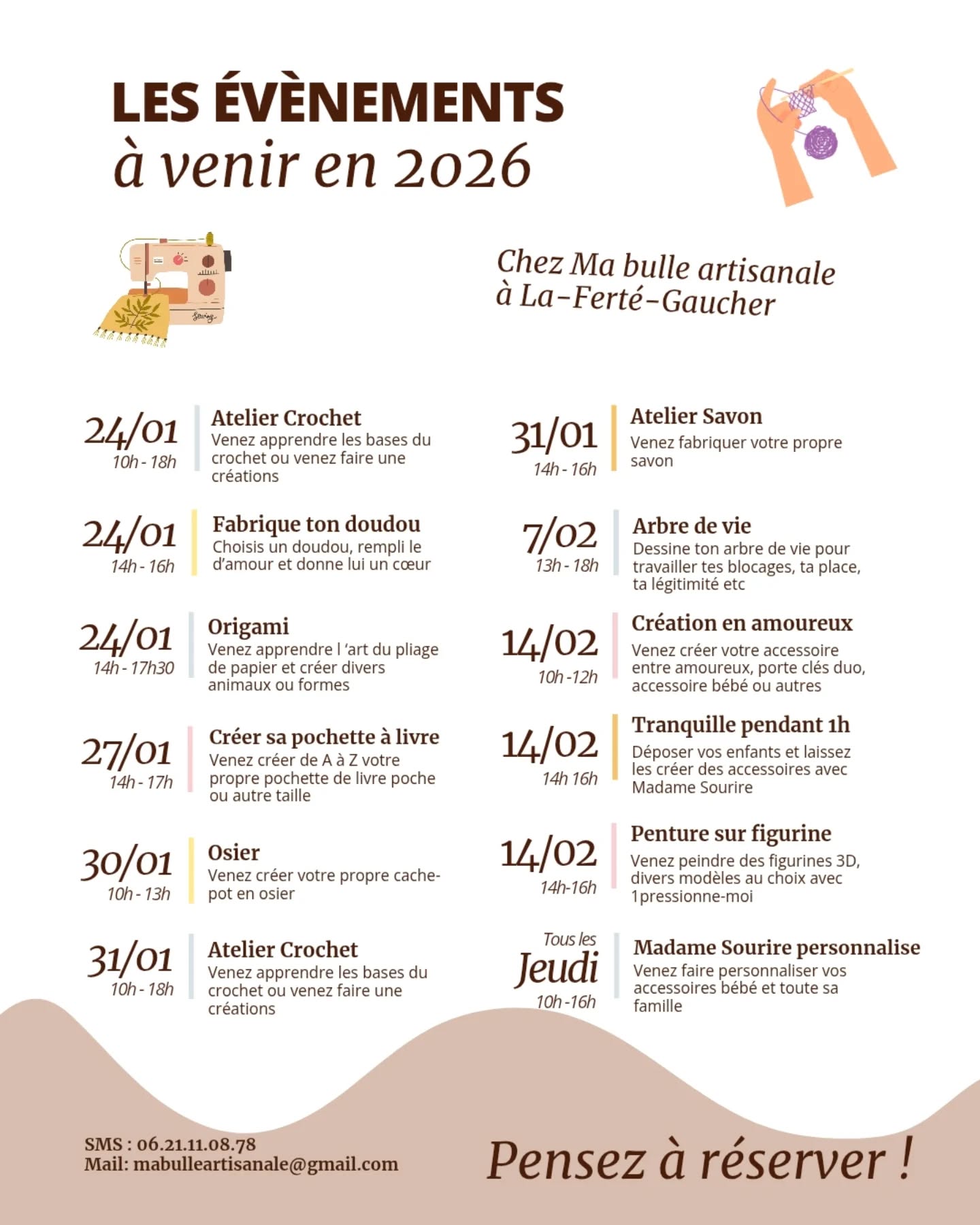 🌟 🗓️ Les prochains ateliers n'attendent que vous ! Ce samedi 24/01, venez fabriquer votre doudou avec @aufil_ing 🧸 , faire des origami avec @miette.a.lunettes ou apprendre le crochet avec @arianecreations77 🧶
Ensuite venez créer votre propre pochette de livre avec @q.pingui12 le mardi 27/01 📖 ou pensez à offrir cet atelier à un lecteur qui aime choyer ses livres
Le vendredi 30 janvier @osierunbrindenature vous propose de fabriquer votre cache-pot, pour vous même ou pour offrir 🌷
Le lendemain c'est atelier savon, venez fabriquer votre propre savon avec @bulledechery le samedi 31/01
D'autres ateliers vous attendent en février aussi 😉
Pensez à réserver en envoyant un mp, un SMS ou en passant à la boutique 👋
#AtelierCrochet #ateliercreatif #atelierenfant #aterliercouture #ateliersavon