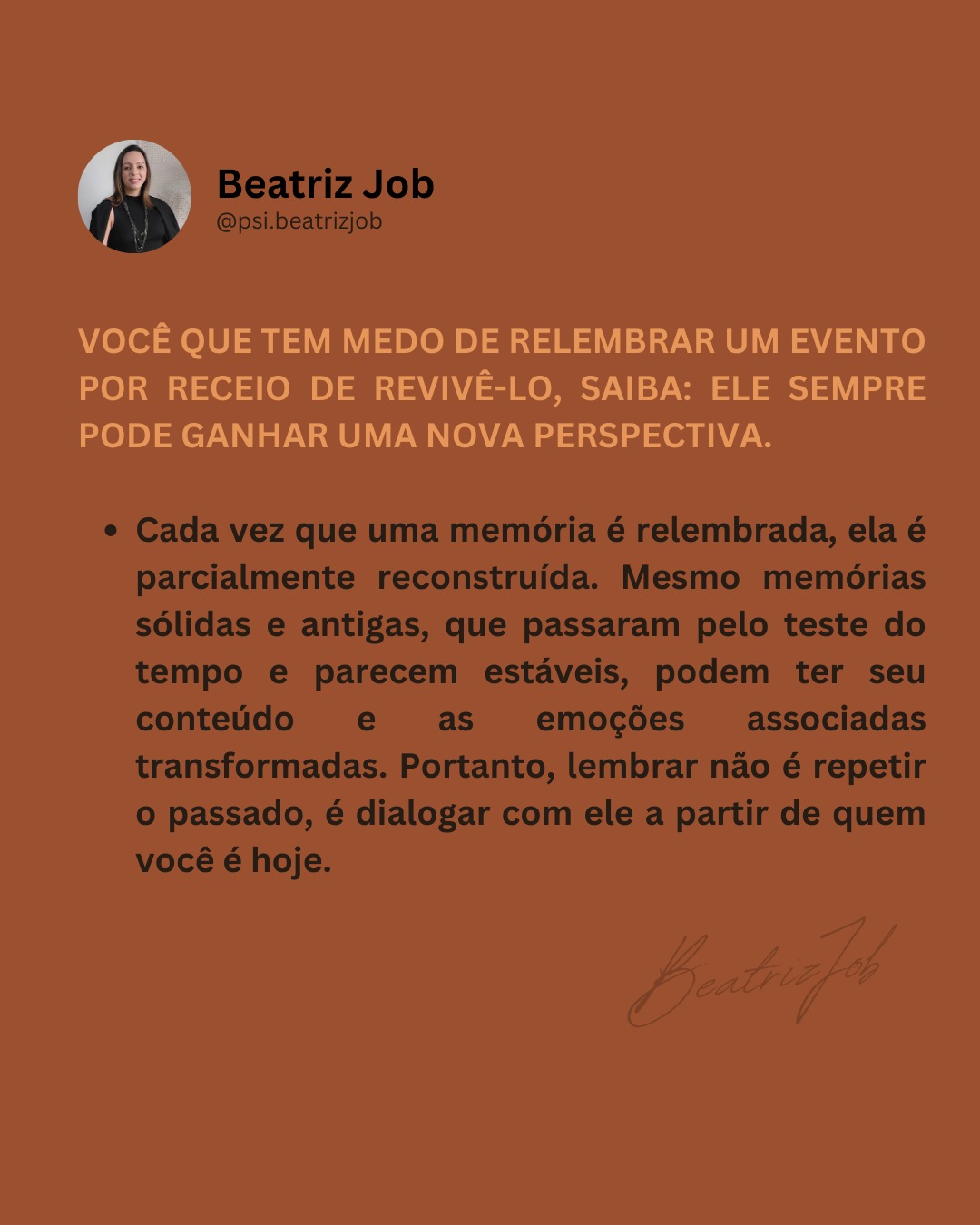 Revisitar memórias não é o problema, principalmente, quando feito com cuidado, porque pode ser um caminho de ressignificação.
Se esse tema toca você, talvez seja o momento de considerar a terapia como um espaço de escuta e reconstrução.
—
Beatriz Job 🌻
Psicóloga CRP 06/139342
www.beatrizjob.com
#janeirobranco #terapiaonline #autoconhecimento #psicologaonline
