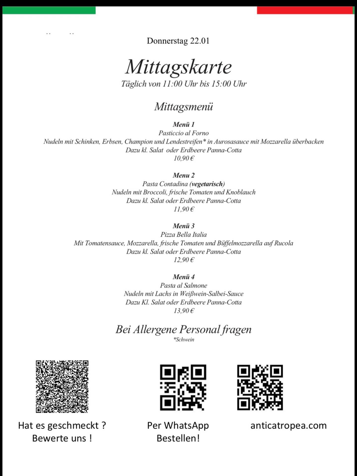 Unsere Highlights für morgen 🍽️
Frisch zubereitet, mit Liebe serviert.
Welches Gericht würdest du zuerst probieren? #anticatropea #speisekarte #foodlovers
#frischgekocht