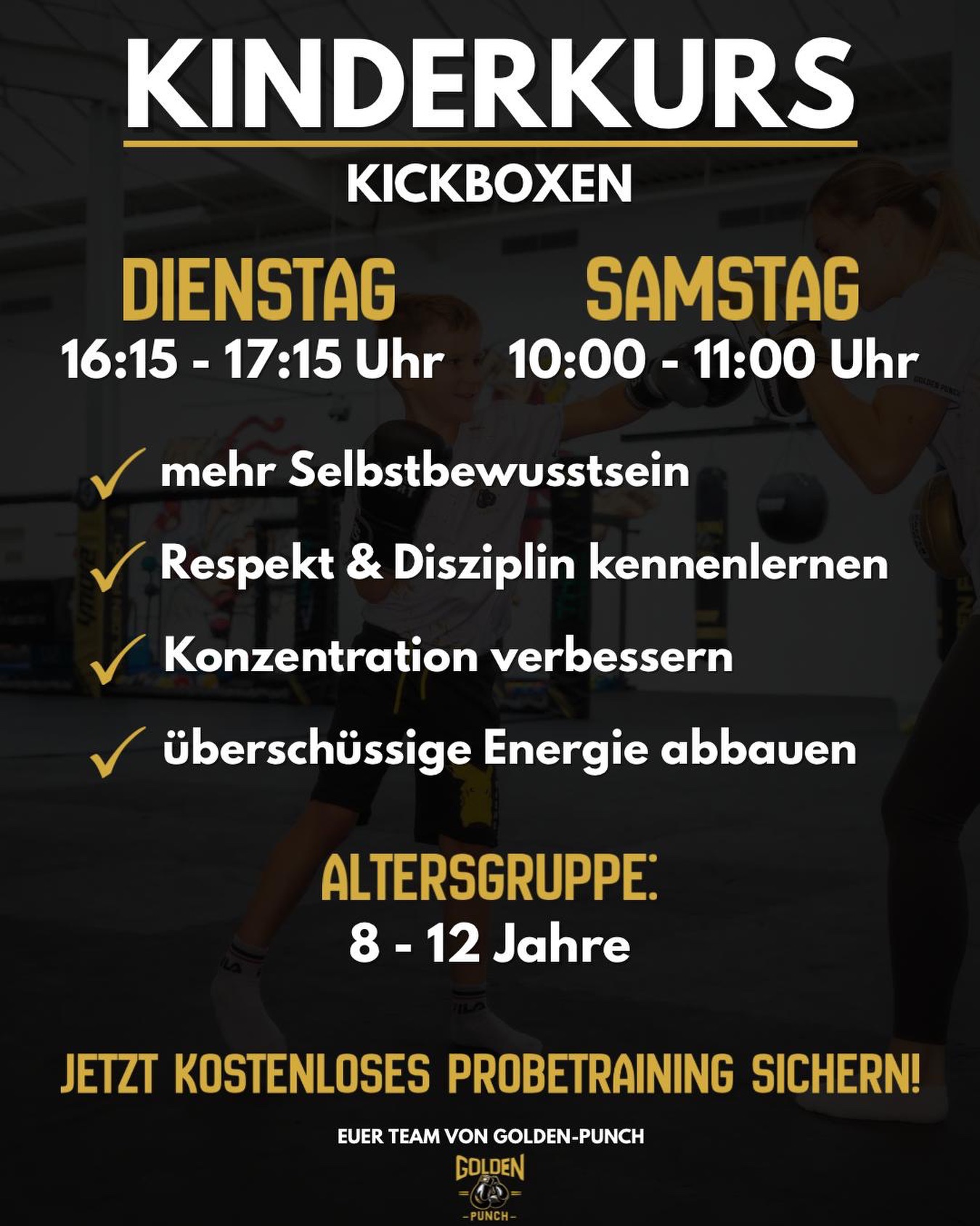 Ab sofort sind wieder Probetrainings für Kinder möglich. Wir freuen uns auf euch 😊
#kidssport #kickboxen #teamgoldenpunch