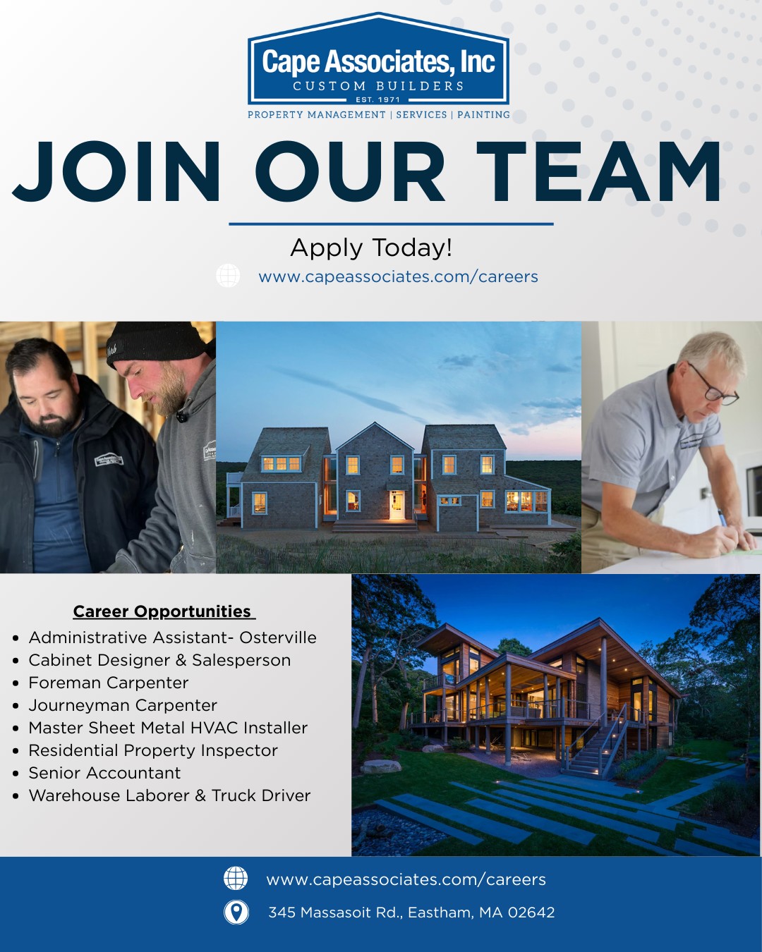 Looking for your next opportunity? We’re growing and would love to welcome new talent to the Cape Associates team. From the field to the office, we’re hiring! https://www.capeassociates.com/careers
#CapeAssociates #JoinOurTeam #CapeCodJobs #ConstructionCareers #HiringNow #BuildYourFuture