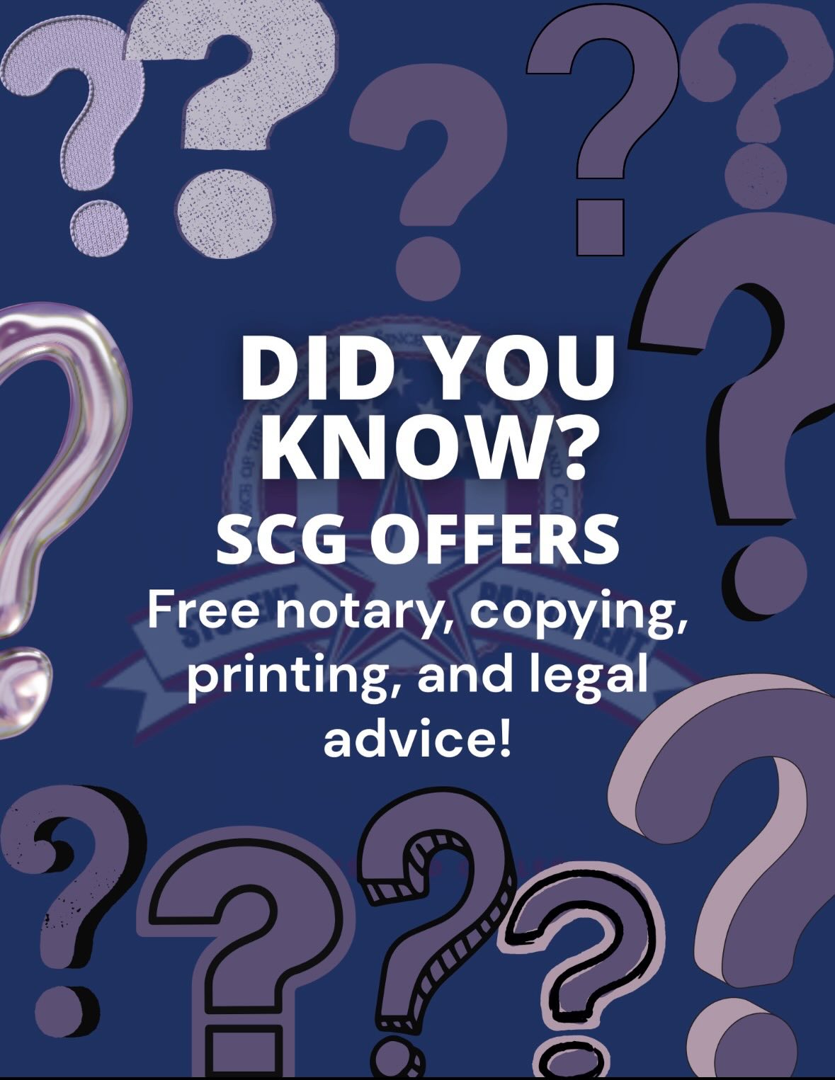 Friday’s are SCG’s Did You Know Days! Every other week we will show you a hidden gem that YOU should know about. This first week is about the free services we offer.
Our Financial Assistant Nakita can help notarize documents free of charge. Give her a heads up email (nguerrouxo@ric.edu) and she can help you out.
Next is our free printing, if you’ve ran out of printing money you can come up to the office (Student Union 401), email ricscg@ric.edu, and ask our Office Coordinator Joan to print something for you. Know that we are limited to 50 pages.
Last but not least is our free legal advice! We have lawyers come bi-weekly to talk to you all where you might need help. They are incredibly helpful and a great asset.
Keep an eye out for the next Did You Know Day!