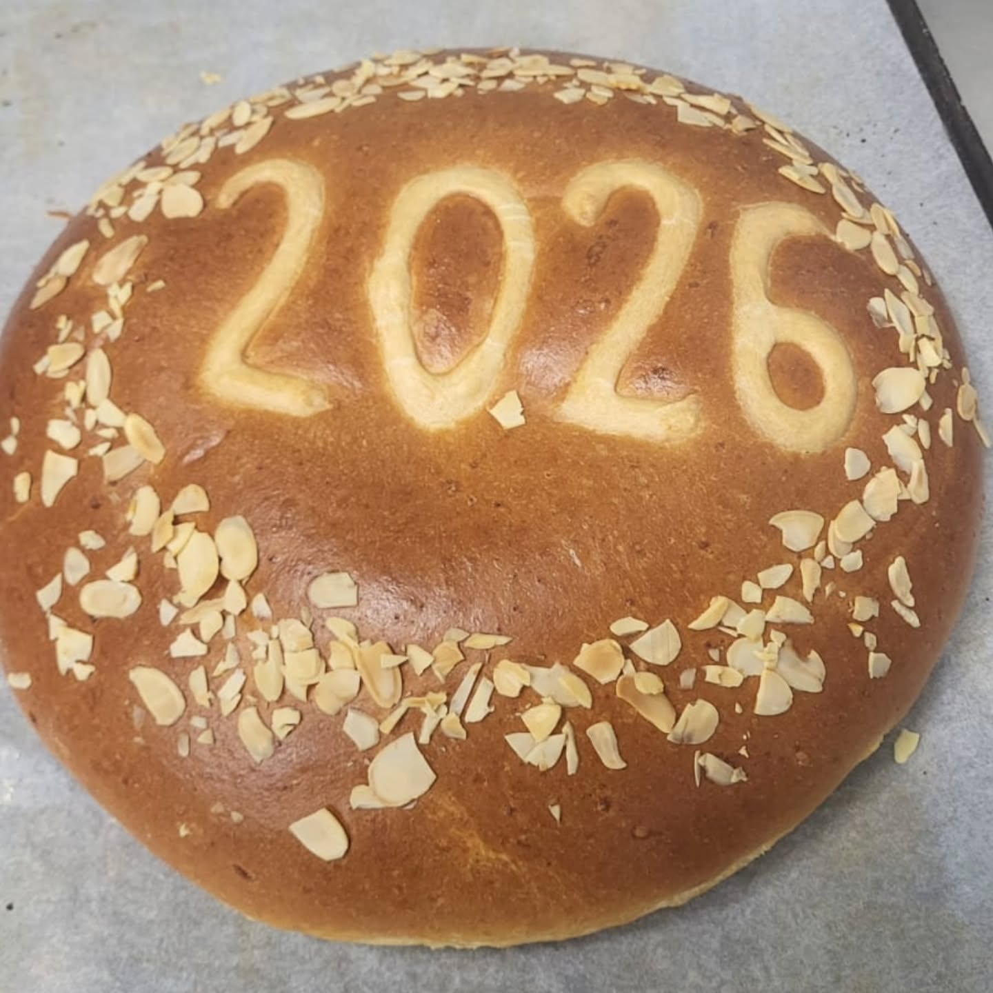 Good morning, made from scratch from Basil, our vasilopita for a Greek friends, hope your event goes well. #suportlocal #vasilopita #artisanbakery #madefromscratchwithlove❤️ #greektsoureki #indepentantbakery