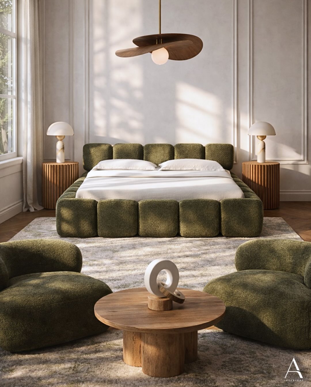 An inviting bedroom where a soft green bed meets the warmth of walnut tones, calm, grounded, and effortlessly elegant.
Adeny Interiors