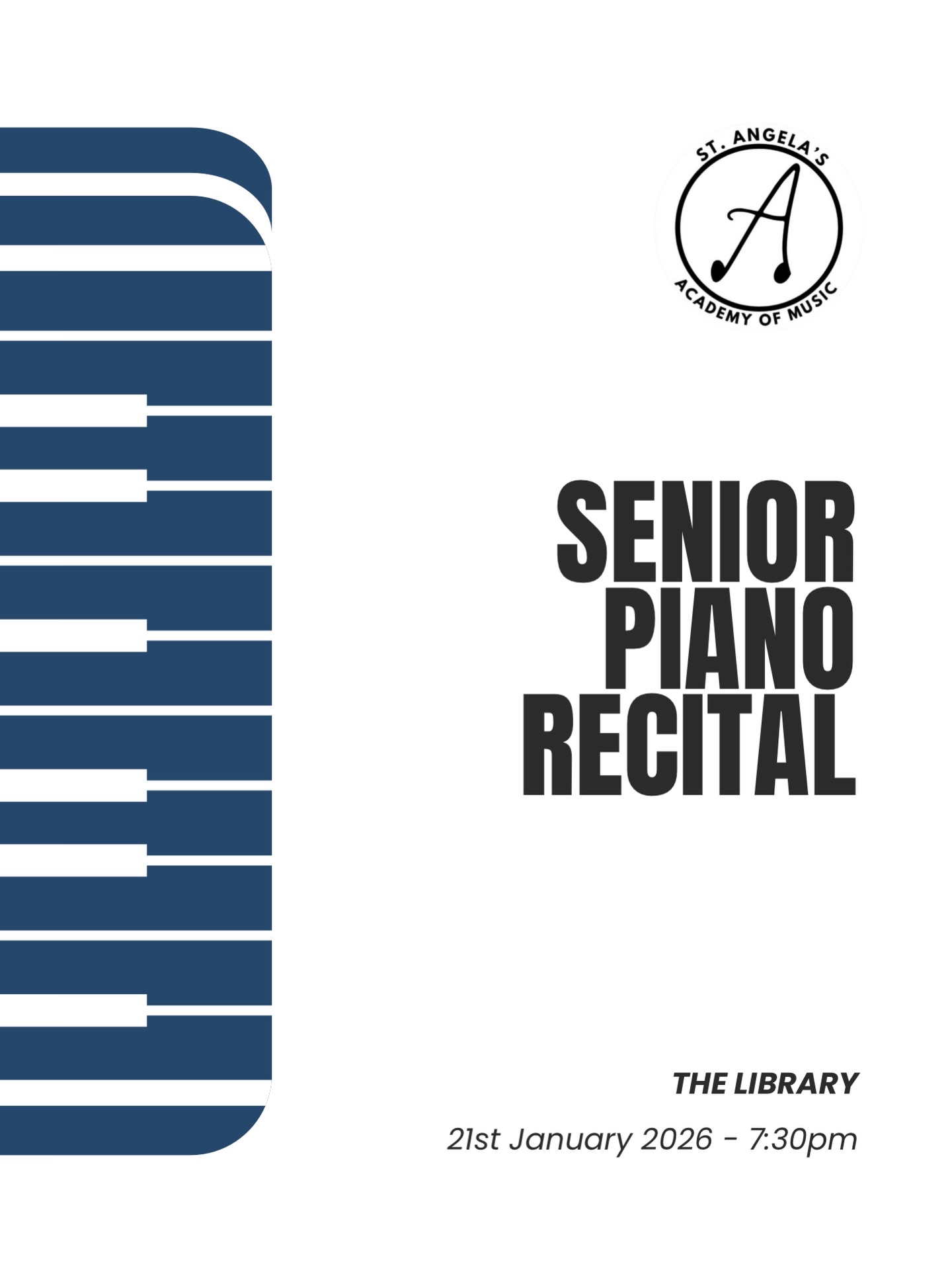St. Angela’s Academy are hosting a free concert tomorrow evening at 7:30 pm in the Library Recital Room upstairs. Our senior piano students will be showcasing the best St. Angela’s has to offer including works from Ravel, Debussy, Mozart, and many more. All are welcome 🎹 🎶