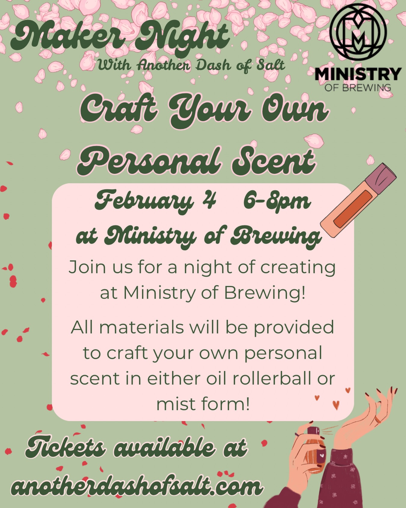 Join us for our most popular Maker Night- Craft Your Own Personal Scent on 2/4 @ministryofbrewing 🌸
All materials will be provided to craft your own personal scent in either oil rollerball or mist form! This Maker Night always sells out so save your spot at the link in my bio!
#baltimoreevents #baltimorebrewery #makernight #craftyourownpersonalscent