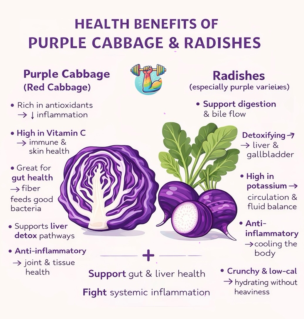 I’ve been on a bit of a purple cabbage and radishes craze lately, so I figured I’d make a little informative post about why my body’s been loving them. Both are packed with anti-inflammatory benefits, support gut and liver health, and add that crunchy, refreshing feel without heaviness. Sometimes cravings are just our body asking for support. 💜
#healthybodyhealthymind #purplevegetables #veggies