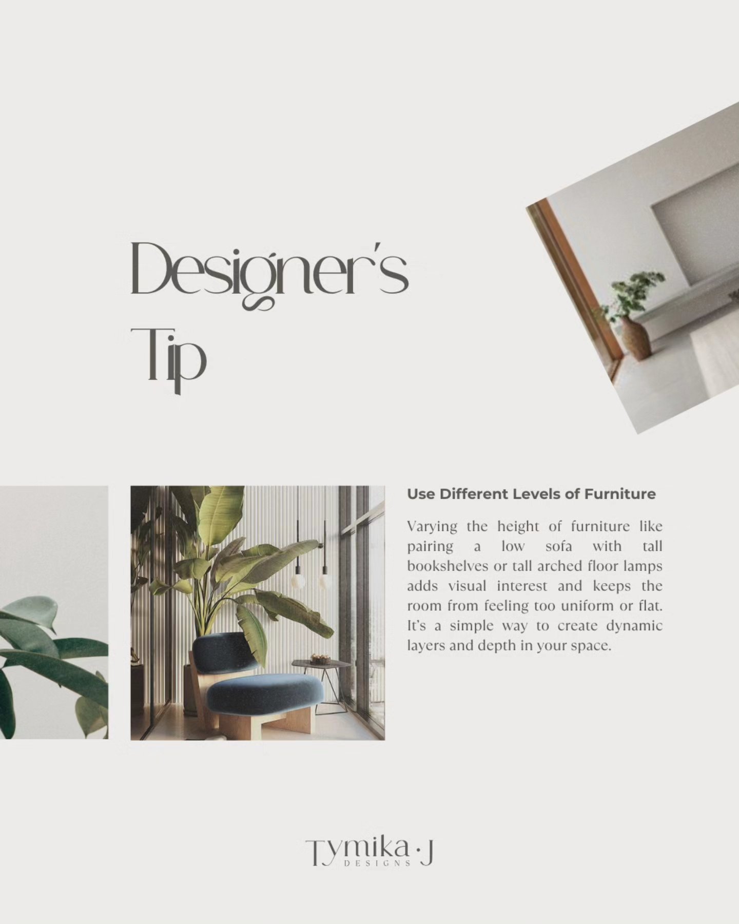 Play with heights
Varying the height of furniture like pairing a low sofa with tall bookshelves or tall arched floor lamps, add visual interest and keep the room from feeling too uniform or flat.
It’s a simple way to create dynamic layers and depth in your space.