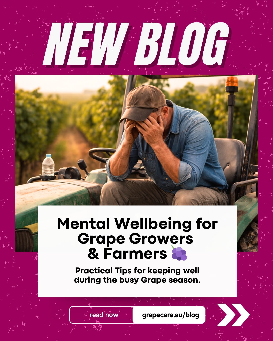 NEW BLOG 🍇
Busy season in the vineyard can push any grower to the limit — long days, heat, labour pressure and tight deadlines. 🌞
Your mental health matters just as much as your grapes.
Short breaks, hydration, sleep, delegation, and checking in with yourself or your team can make a huge difference.
Remember why you started, stay connected with fellow growers, and don’t be afraid to seek support when needed. 💪
Swipe through for practical tips to stay calm, focused and safe during harvest.
FULL BLOG on our site with resources and support line details
Grapecare.au/blog 🍇
#tablegrapegrowers #tablegrapesAustralia #viticulture