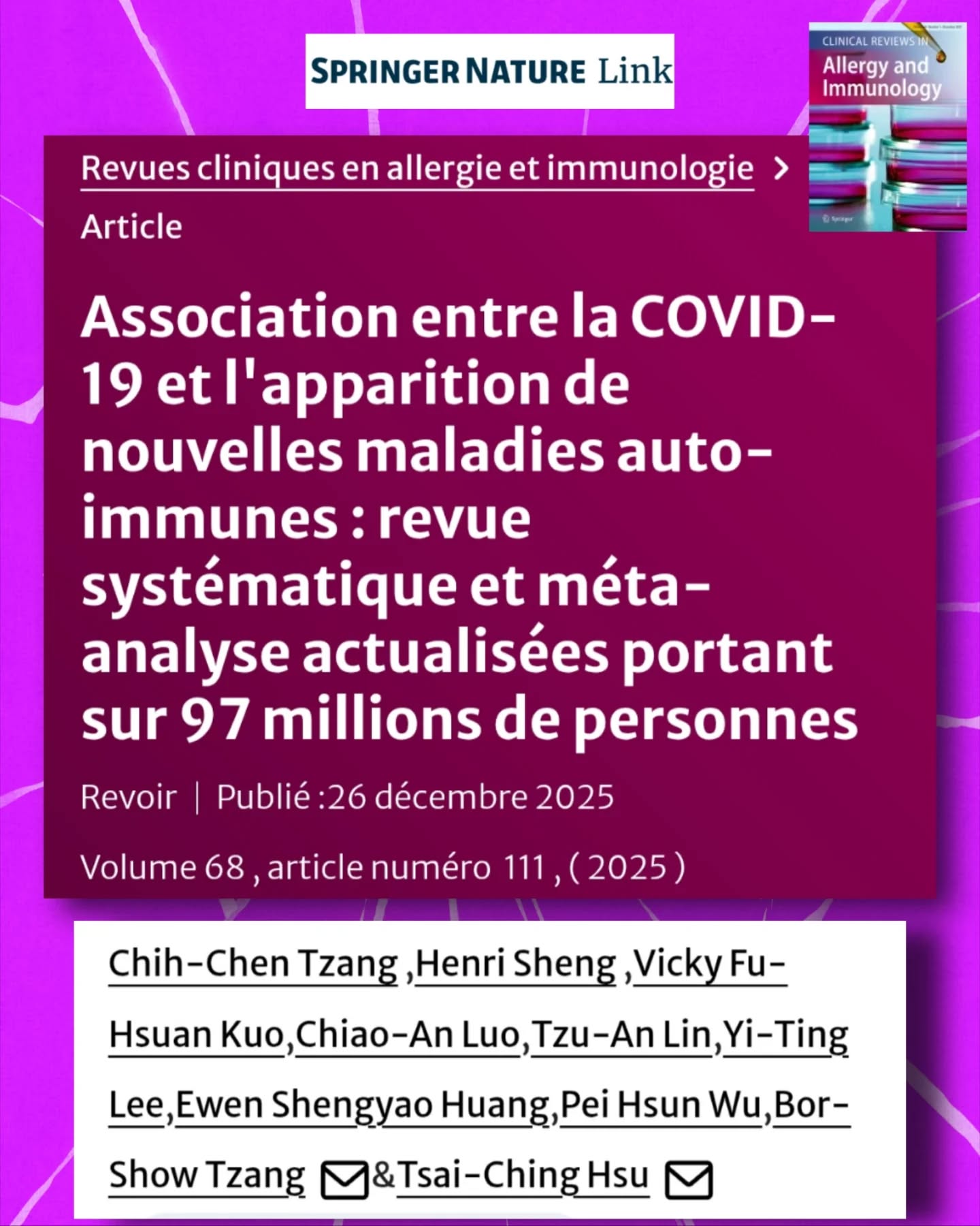 🧵#CovidLong & auto-immunité
Une méta-analyse majeure (mars 2025), portant sur 97 millions de personnes, évalue le risque de nouvelles maladies auto-immunes après une infection par la #COVID19.
Résultats clés ⬇️
❓Pourquoi cette étude ?
Le #SARSCoV2 peut provoquer un dérèglement immunitaire durable.
Son rôle dans l’apparition de maladies auto-immunes restait controversé.
🎯Objectif : quantifier le risque réel et identifier les facteurs qui l’influencent.
⚙️Méthodologie
•Revue systématique et méta-analyse
• 17 études de cohortes
•Plus de 250 millions de personnes-années
Les résultats sont exprimés en HR (Hazard Ratio).
❓Qu’est-ce que le HR ?
Le Hazard Ratio compare la probabilité de survenue d’un événement dans le temps entre 2 groupes.
HR = 1 →pas de différence de risque
HR > 1 →risque plus élevé
HR < 1 →risque réduit
Exemple : HR 1,49 = +49 % de risque.
👉Résultat principal
Après une infection par la #COVID19 :
+49% de risque de développer une Maladie Auto-Immune
HR = 1,49 (IC 95 % : 1,21–1,83)
Association statistiquement significative.
🔥Maladies Auto-Immunes les plus associées :
Les risques les plus élevés concernent surtout le système vasculaire et les tissus conjonctifs :
•Syndrome des antiphospholipides : HR 2,16 (risque environ doublé)
•Vascularite associée aux ANCA : HR 2,15
•Connectivite mixte : HR 2,12
•Purpura thrombopénique immunologique : HR 1,87
👉Sur 23 maladies auto-immunes étudiées,
17 présentent une association significative avec une infection #COVID19 (p < 0,05).
Le risque est donc large et non limité à une pathologie isolée.
⚠️Rôle de la sévérité de l’infection
Après une COVID-19 sévère :
HR 1,70, soit environ +70 % de risque.
Plus l’infection aiguë est grave, plus le risque auto-immun augmente.
💉Impact de la vaccination
Personnes vaccinées : HR 0,56 (réduction d’environ 44 % du risque)
Personnes non vaccinées : HR 1,42
La vaccination atténue significativement le risque de maladies auto-immunes post-COVID.
👉Niveau de preuve
•Modéré pour les effets les plus importants
•Globalement faible à modéré, en raison de l’hétérogénéité et du caractère observationnel des études
⏬Suite en commentaire⏬