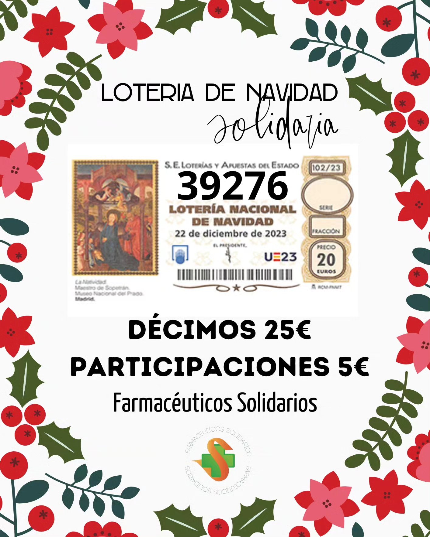 Ya tenemos nuestra lotería de Navidad! 🍀❄️☃️🎅🌲
Si eres de una farmacia te proponemos colaborar con nosotros de esta forma tan bonita y sencilla, además con la posibilidad de ayudar un poquito (o mucho) también a nuestros vecinos ❤️
Puedes colaborar con unos decimos o con un talonario, o ambas, te enviamos el cartel y te lo llevamos a la farmacia sin coste. Si quieres más info coméntanos y si quieres nos ponemos en contacto contigo👇👇👇 te leemos! 👁️
(Aviso que nos lleva tocando algo dos años seguidos, este año toca el gordo, os lo digo yo!) 🍀🍀🍀
#loteriadenavidad #lotería #loteria #solidaridad #farmaceuticossolidarios #farmaciassolidarias #farmacias #ong #asociacion