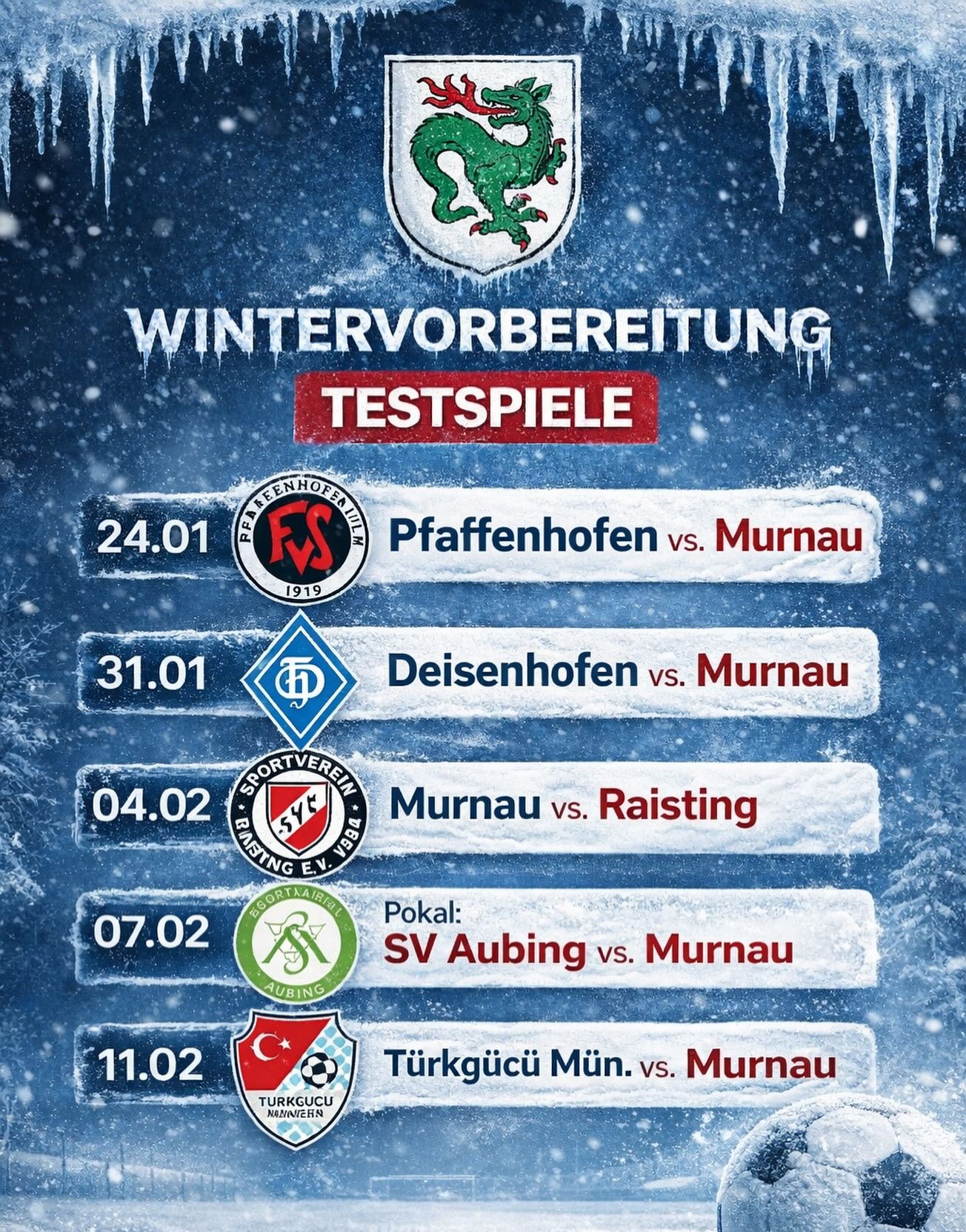 Es geht wieder Los! ⚽️💚
Diese Woche sind die jungs wieder ins Training gestartet. Unser Coach Martin Wagner eröffnete die Wintervorbereitung und es startet der Fight um die Rückrunde. Und gleich heute wird getestet! Unser erster Gegner in 2026 heißt @fsvpfaffenhofen 🔥
Alle weiteren Termine und Gegner seht ihr im Post! Auch bei den Testspielen freuen wir uns über jeden der Zuschauen kommt. ❄️
#Auftakt #wintervorbereitung #Murnau #edid #fussball landesliga