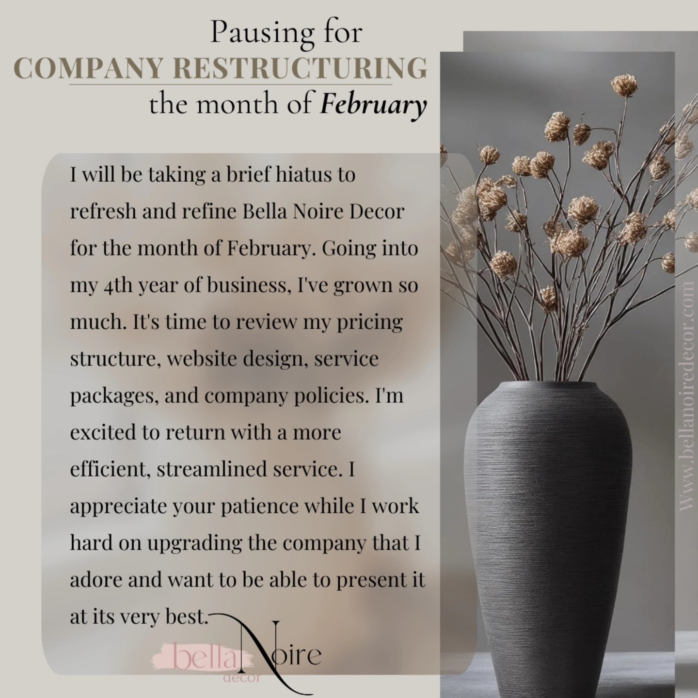 I will still be answering emails.
I will also be on vacation from Jan 19 - Feb 2
Www.bellanoiredecor.com