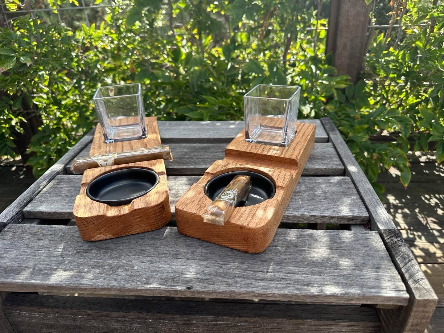 Whiskey glass and cigar holder in red oak. More coming in walnut and maple…..