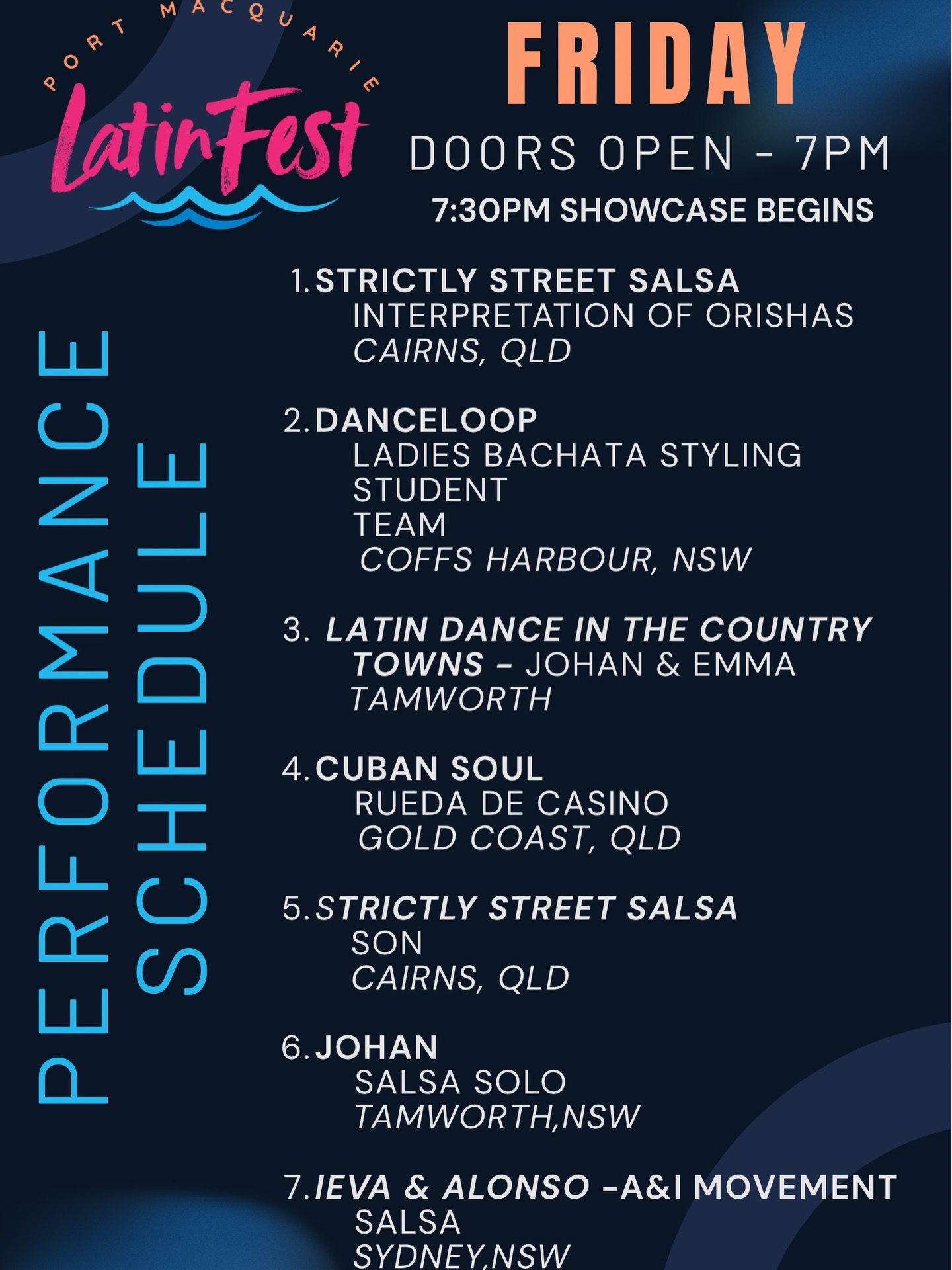 🔥 TWO NIGHTS. TWO SHOWCASES. 🔥
LatinFest - Friday 30 & Saturday 31 January
📍 Panthers Club, Port Macquarie
Two powerful performance showcases across two nights.
Big energy. Incredible artists. Unmissable moments. 💃🕺
Check out the schedules below.
#LatinFest #PortLatinFest #WhatsOnPortMacquarie #gooutaustralia