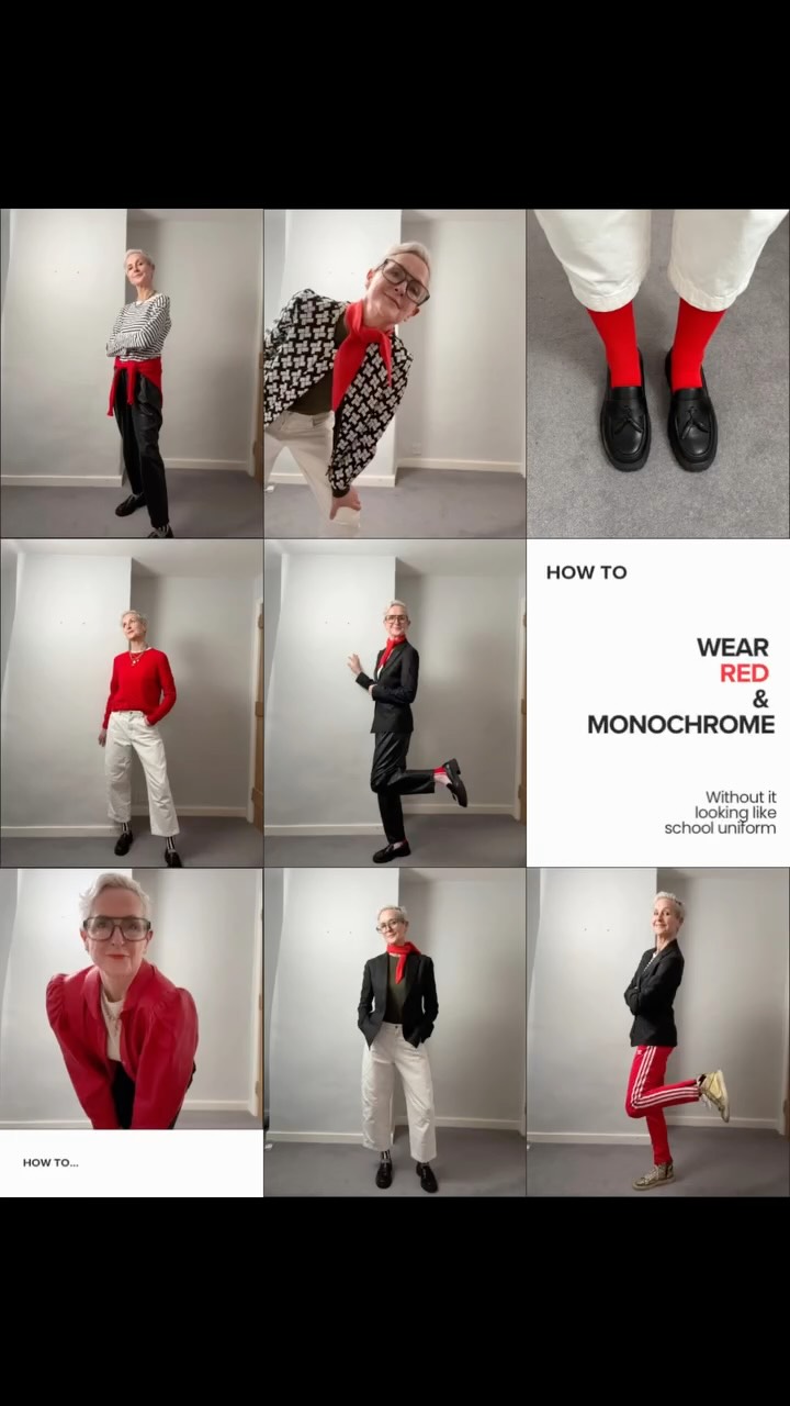How to wear red with monochrome without feeling like you’re in school uniform.
Or maybe that’s just me.
In this I explain (with my own voice) how to add a bit of red without it all becoming A Bit Much.
A red scarf works a treat. Get the right colour red though or it will have the opposite effect.
Or red socks. I would not wear both, for me it’s a bit matchy matchy.
Use a red jumper as an actual jumper, or a scarf, or an interesting something around your middle.
Red trousers can be very fun or very Fulham (no offence). Contrast so pair tracksuit bottoms with a blazer or formal red trousers with a bomber jacket.
And if anyone knows what to do with the 80s jacket I found in the charity shop which is quite mad, do let me know.
If anyone needs help finding ‘their’ red or any other colour then please get in touch. The right colours make such a difference.
#personalstylist #monochromestyle #popofred
Joyful dressing, midlife style, wear your wardrobe, mix and match your style, personal stylist, rediscover your joy in clothes.
