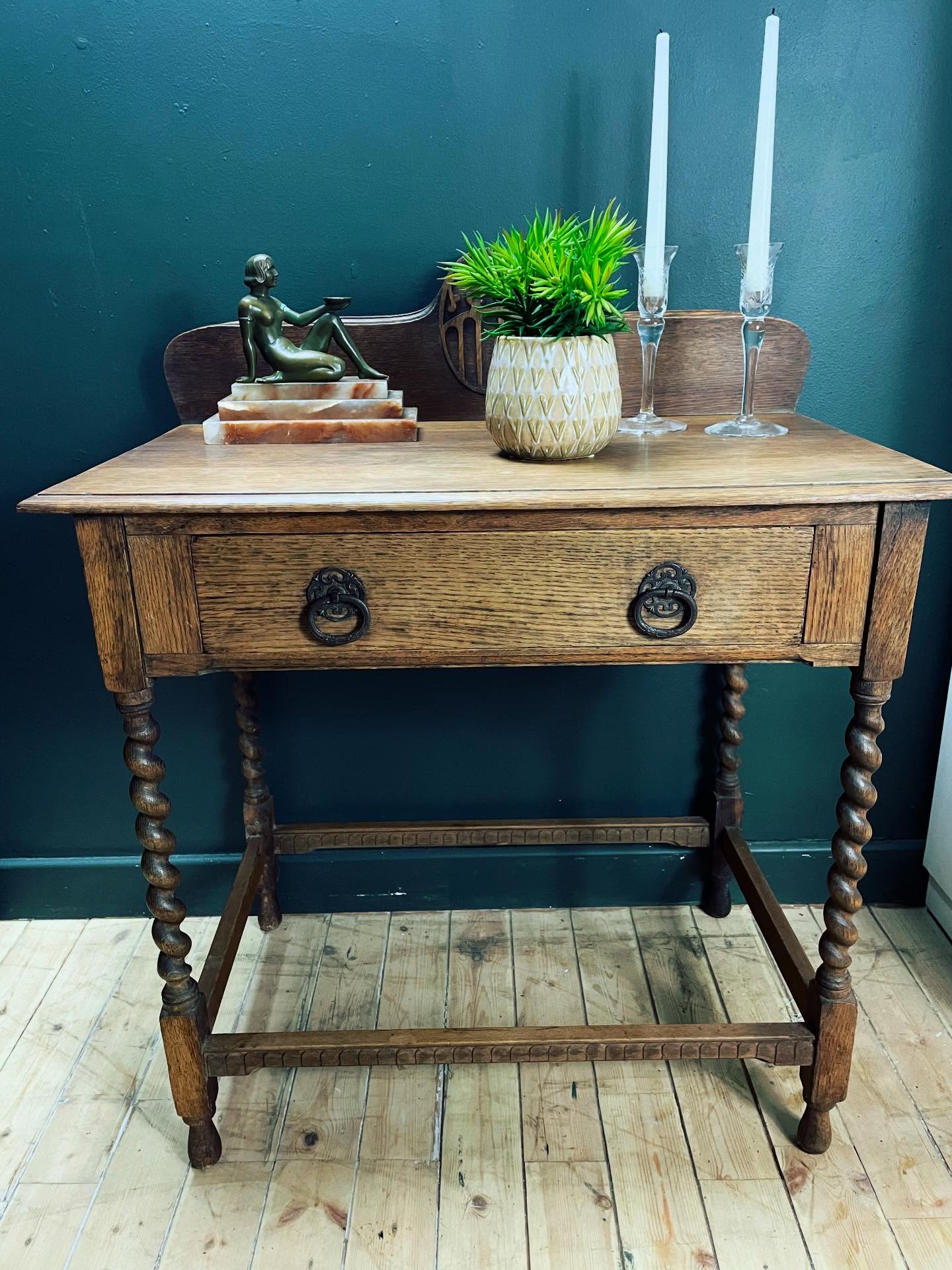 -SOLD-
This gorgeous side table dates from early 1900s and has some beautiful art nouveau details. Made from oak it has fabulous barley twist legs, a drawer with drop metal handles and stunning carved motif to the back.
Itās had a coat of wax and a good buffing to bring out the lovely woodgrain. A useful table for a hallway or living room it measures W76cm D45cm H73cm ( inc back panel) Ā£120
Have a happy day! š
#artnouveau #oaksidetable #tablewithdrawer #artnouveaustyle #antiquefurniture #restoredfurniture