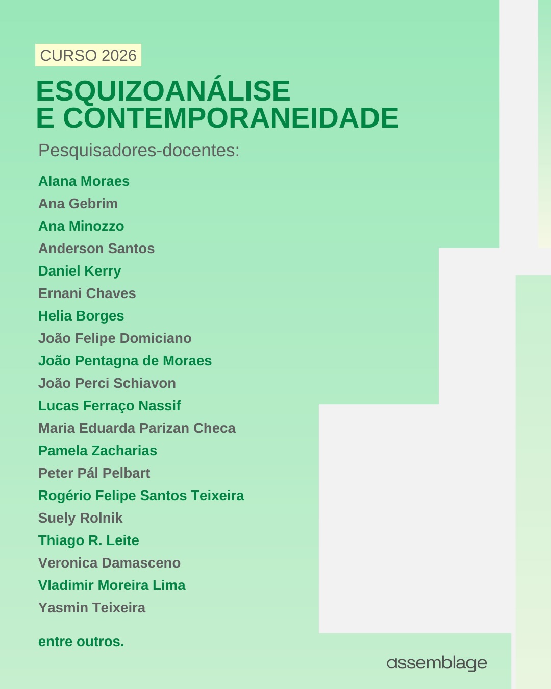☝️ Inscrições Abertas!
Se você deseja mergulhar nos fundamentos da Esquizoanálise e explorar suas conexões com a contemporaneidade, você já pode fazer parte do
nosso curso 2026!
Nosso programa conta mais de 20 professores/pesquisadores especialistas.
Curso Online: Esquizoanálise e Contemporaneidade
Um percurso pensado para quem busca compreender essa teoria em sua amplitude, seus conceitos, sua prática e suas reverberações no pensamento atual.
🗓 Início: 18 de março
⏰ Horário: Quartas, das 19:30 às 21:30
📍 Formato: Online e ao vivo (com gravação)
Alguns dos tópicos que investigaremos ao longo
do nosso programa:
> As bases referenciais, suas críticas, suas apostas
e aberturas para novas práticas.
> Autores como Espinosa, Bergson, Nietzsche, Foucault, Lacan, Marx, Kafka…
> Conceitos como Inconsciente, desejo, corpo, estruturalismo, micropolítica, máquina,
agenciamento, subjetividade, colonialismo, entre outros.
> Articulação aos múltiplos aspectos que atravessam o mundo contemporâneo.
🎟 Vagas limitadas!
Inscrições pelo link na bio.
Assemblage é um espaço de pensamento vivo, onde teoria e experiência se encontram.
Participe com a gente! ✨
#esquizoanálise #deleuzeeguattari
#deleuze #guattari #suelyrolnik
