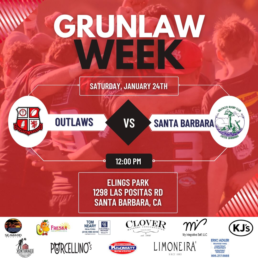 🚨IT’S GRUNLAW WEEK🚨
This week the Outlaws travel to Santa Barbara to take on the Grunion, where the Grunlaw Shield will be up for grabs. Since the introduction of the Grunlaw shield, the Ventura Outlaws hold a 2-1 record and are currently in possession of the shield. Each match has been closely contested, and we expect more of the same this time around.
WE ARE!